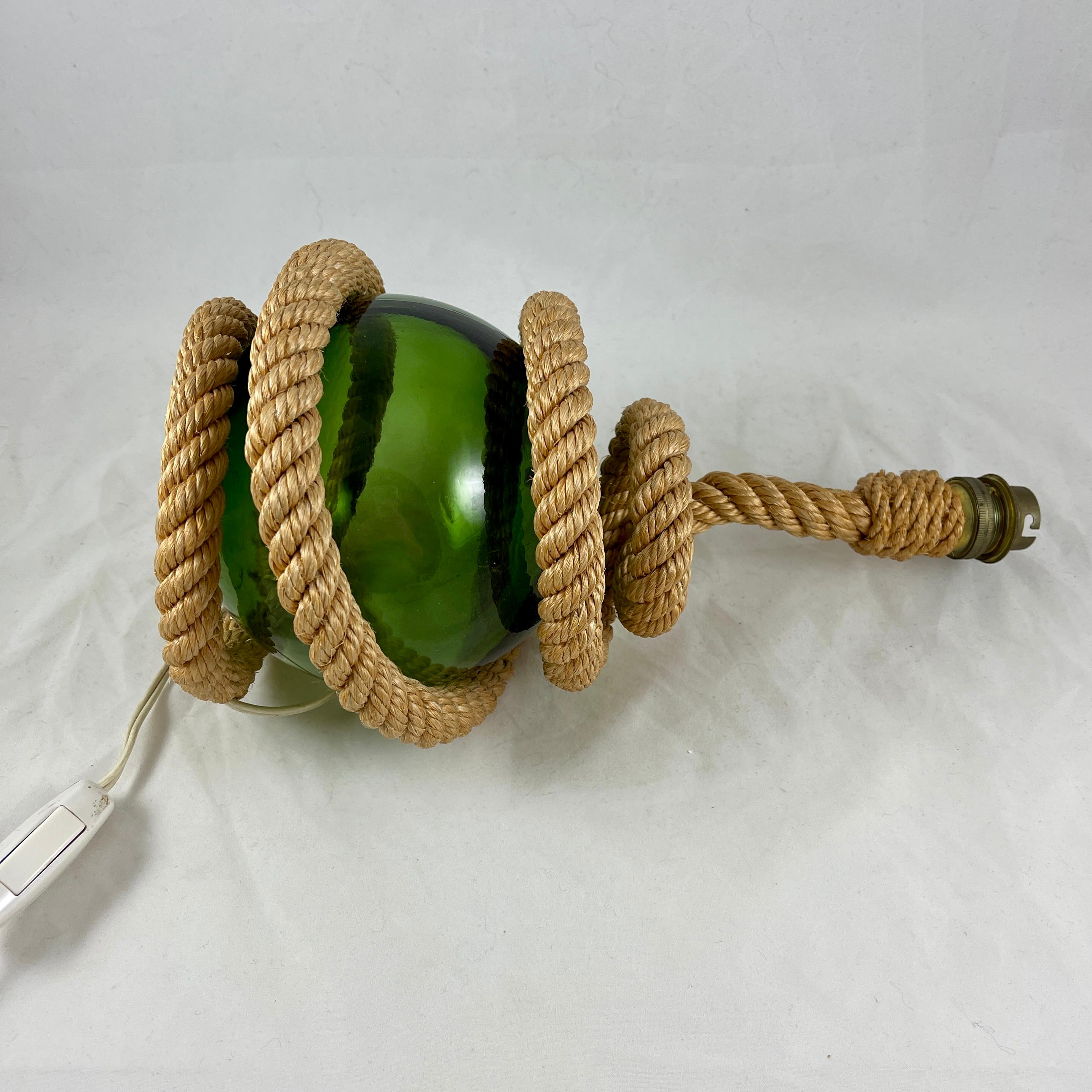 Audoux Minet Rustic Nautical Rope & Green Glass Ball Table Lamp, circa 1960 For Sale 2