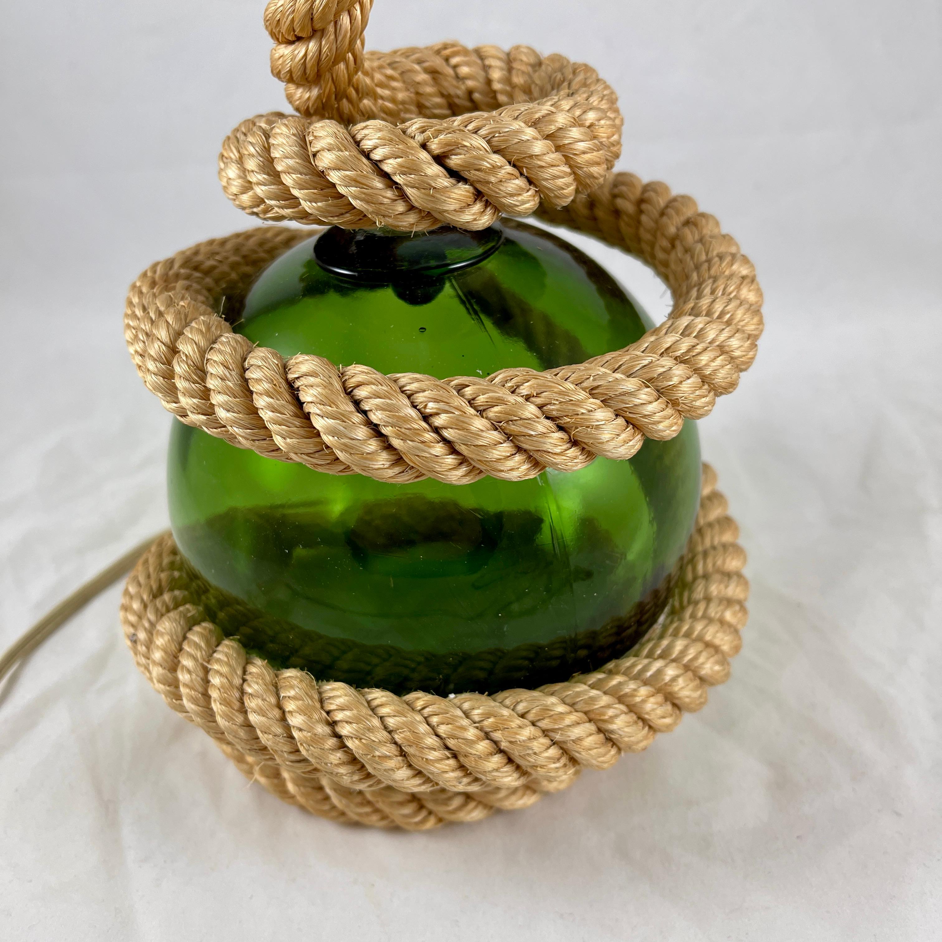 Hand-Crafted Audoux Minet Rustic Nautical Rope & Green Glass Ball Table Lamp, circa 1960 For Sale