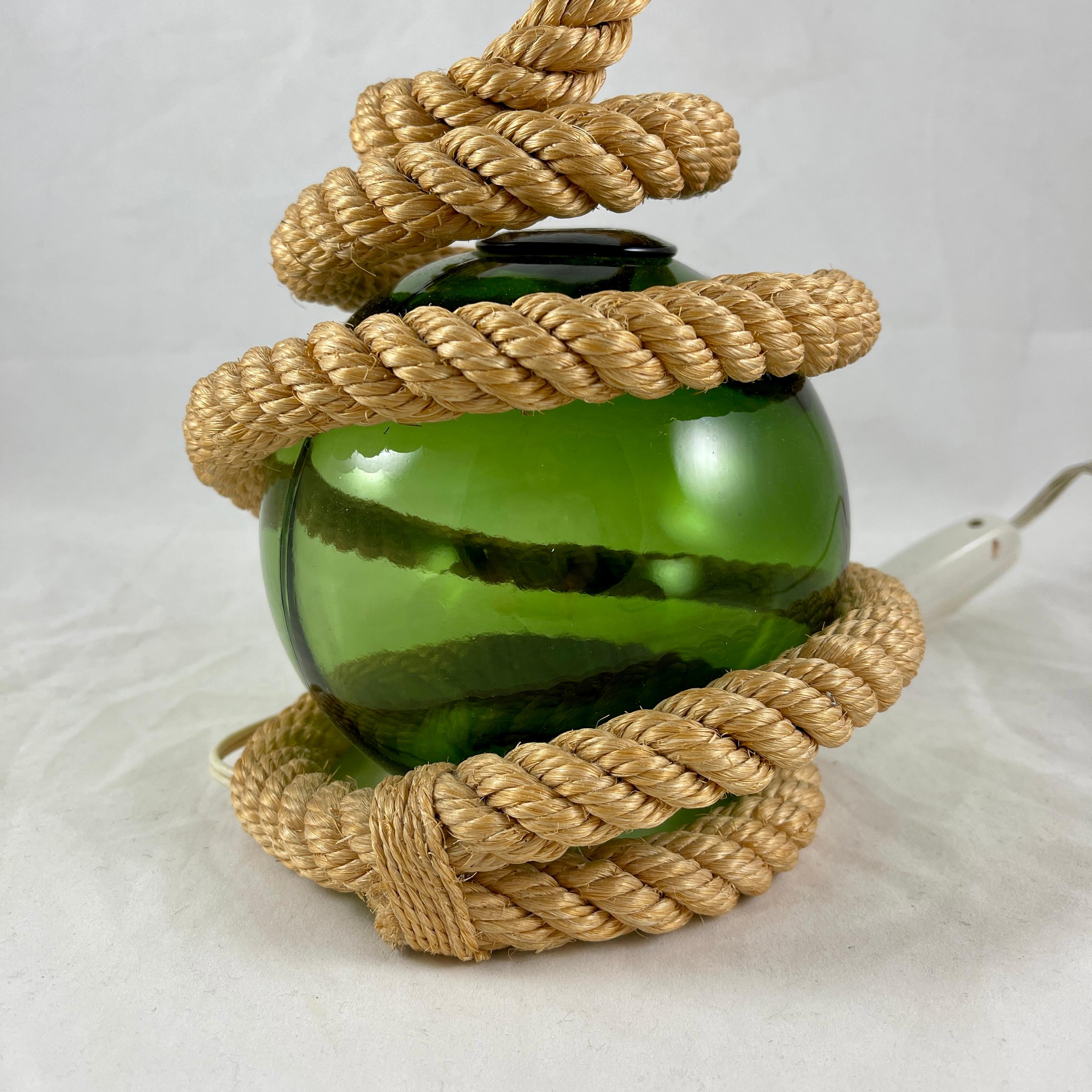 Audoux Minet Rustic Nautical Rope & Green Glass Ball Table Lamp, circa 1960 In Good Condition For Sale In Philadelphia, PA