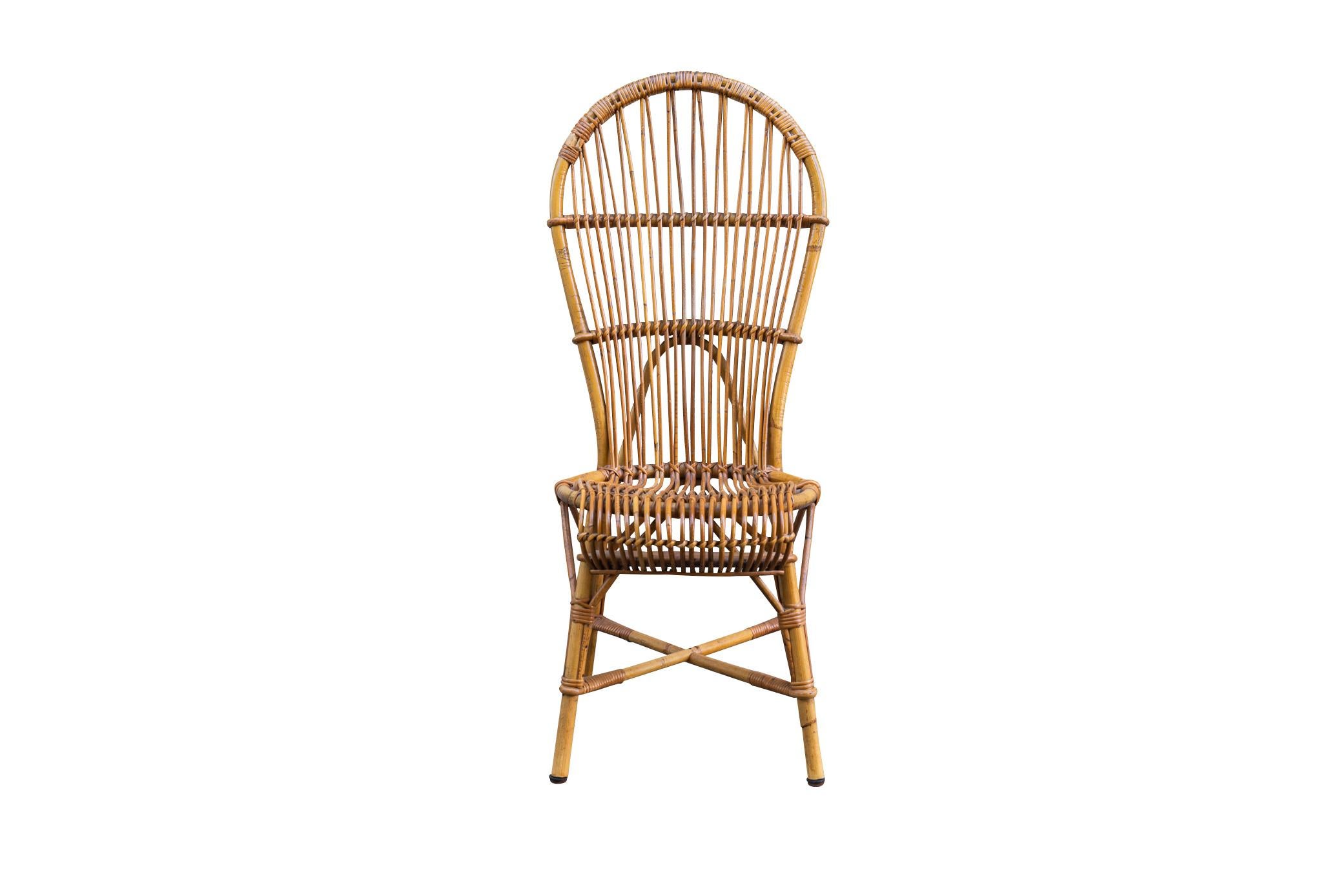 Audoux-Minet, 
Set of six rattan chairs, 
Label at the back,
France, circa 1960.

Measures: 50 x 42 x 105 cm.

Audoux-Minet was a furniture maker specialized in rattan, bamboo and ropes. In the 1940s and 1950s, French couple Adrien Audoux and Frida