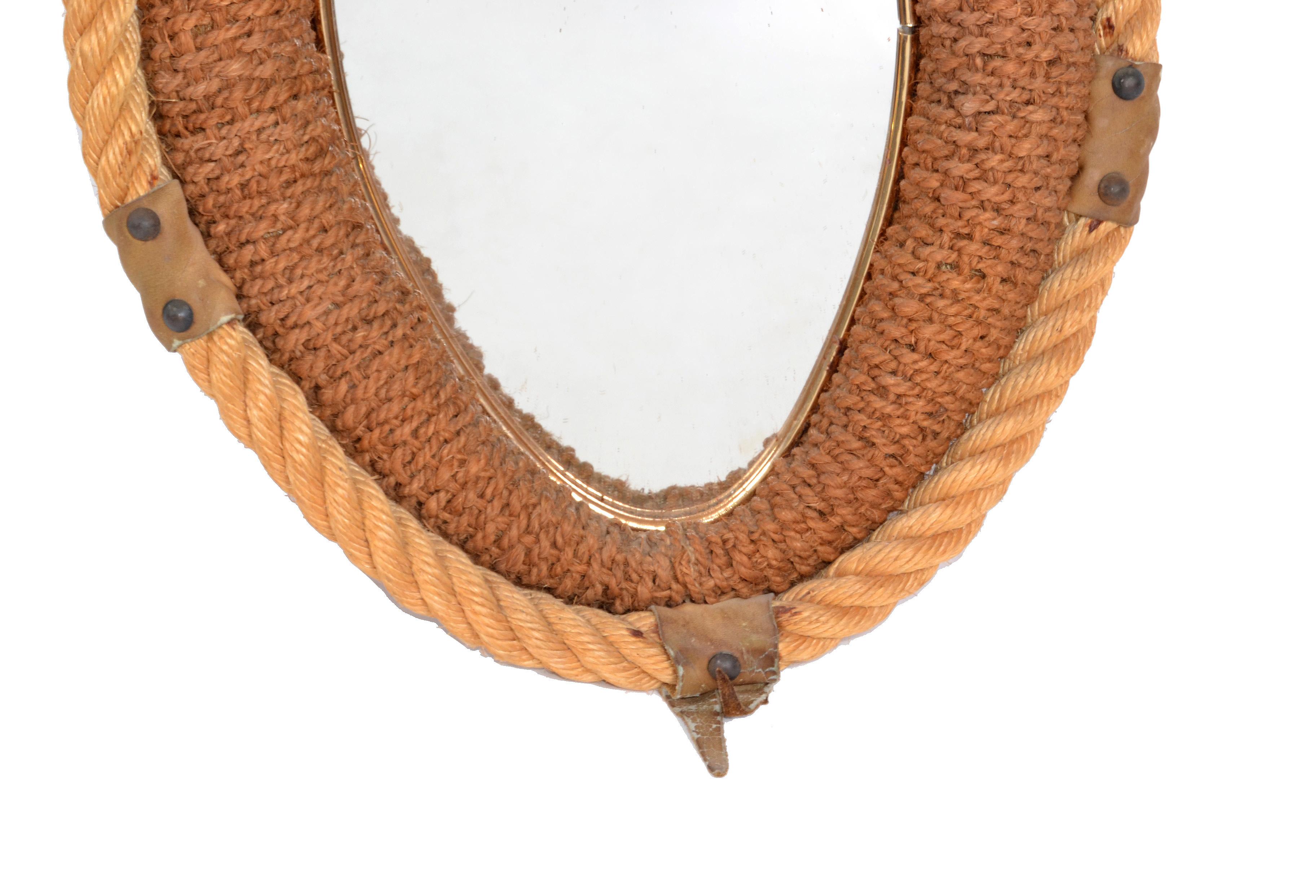 Hand-Crafted Audoux Minet Style Beige Oval Wall Mirror Nautical French Provincial Rope & Jute