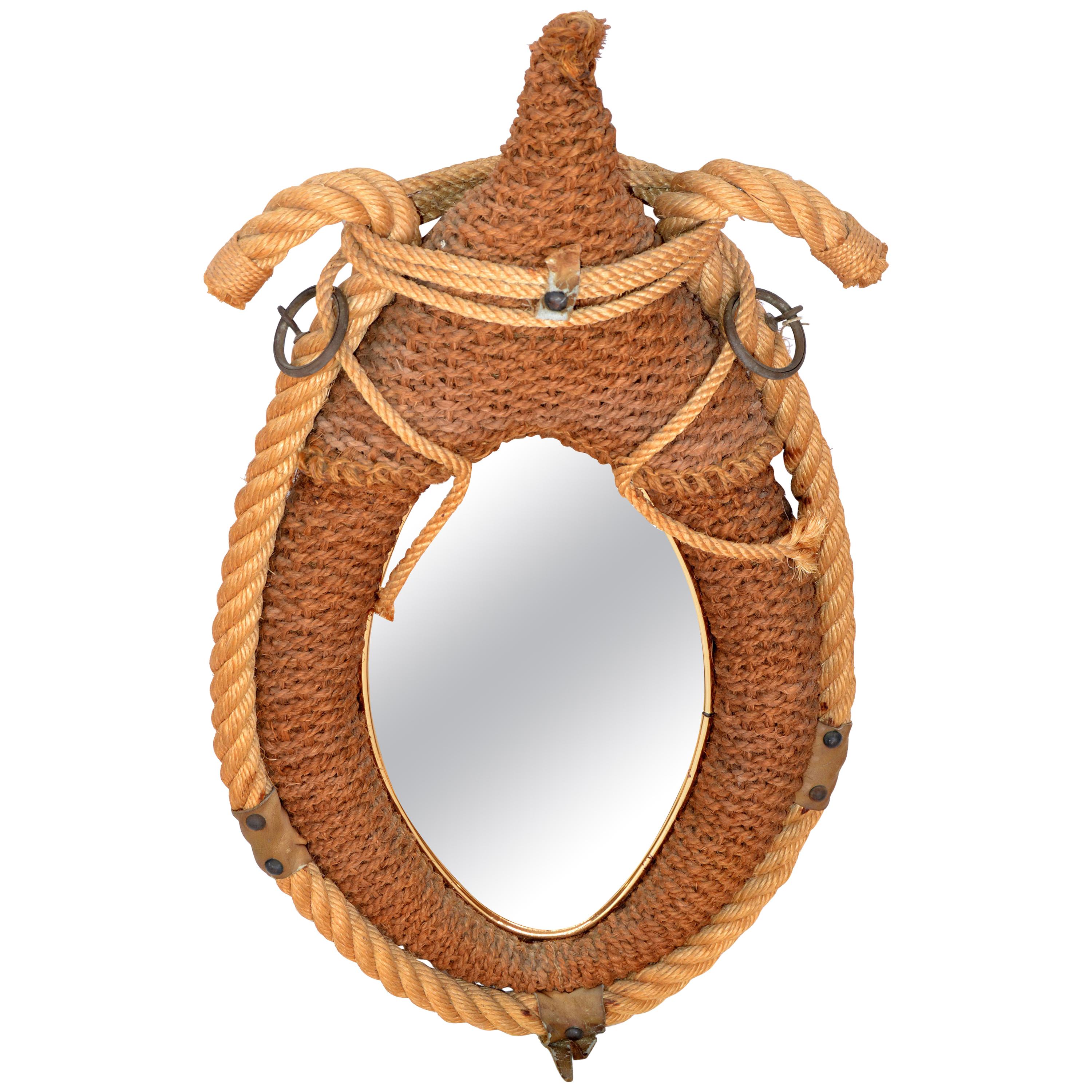 Audoux Minet Style Beige Oval Wall Mirror Nautical French Provincial Rope & Jute