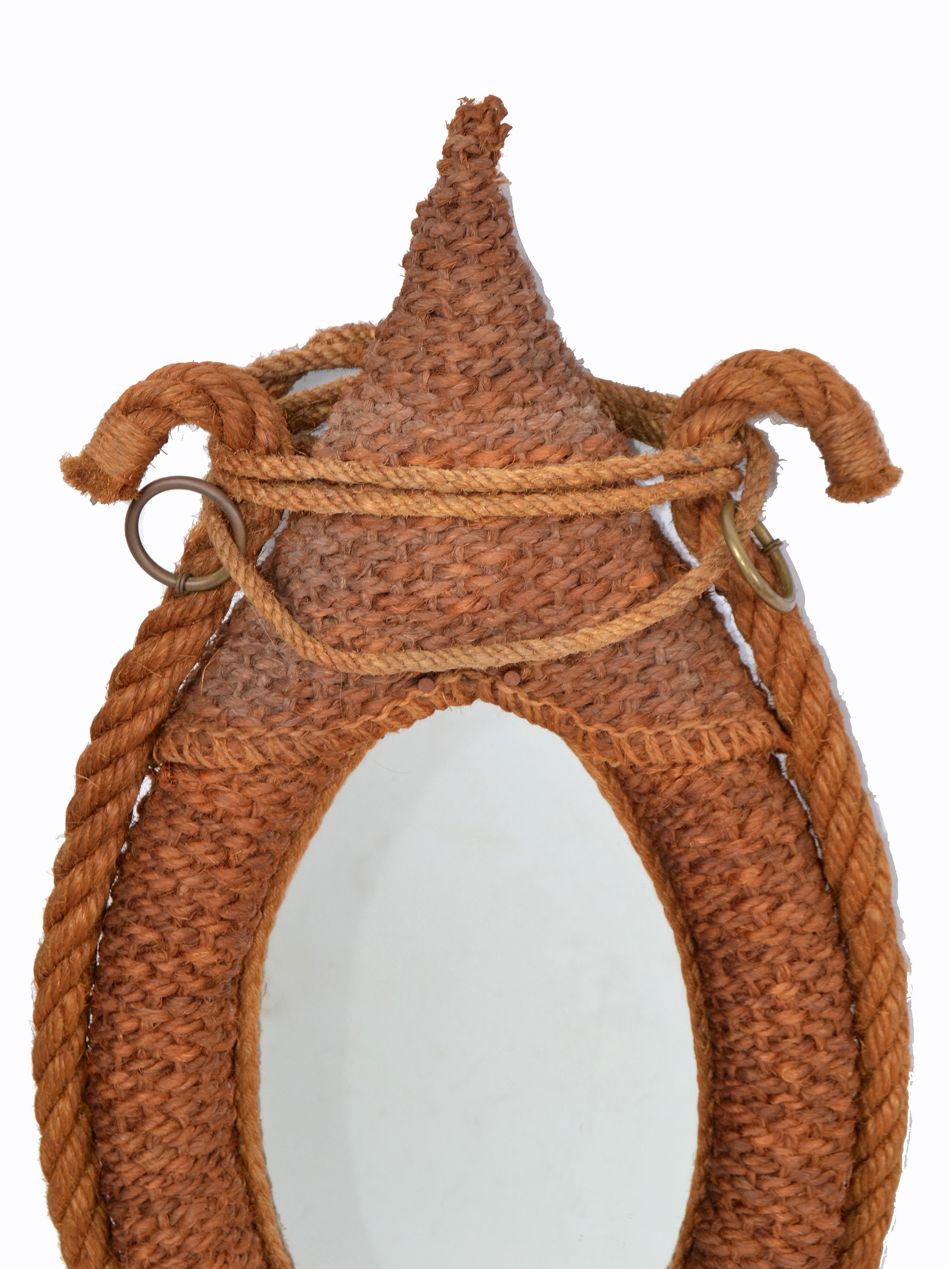 20th Century Audoux Minet Style Oval Wall Mirror Nautical French Provincial Rope & Jute For Sale