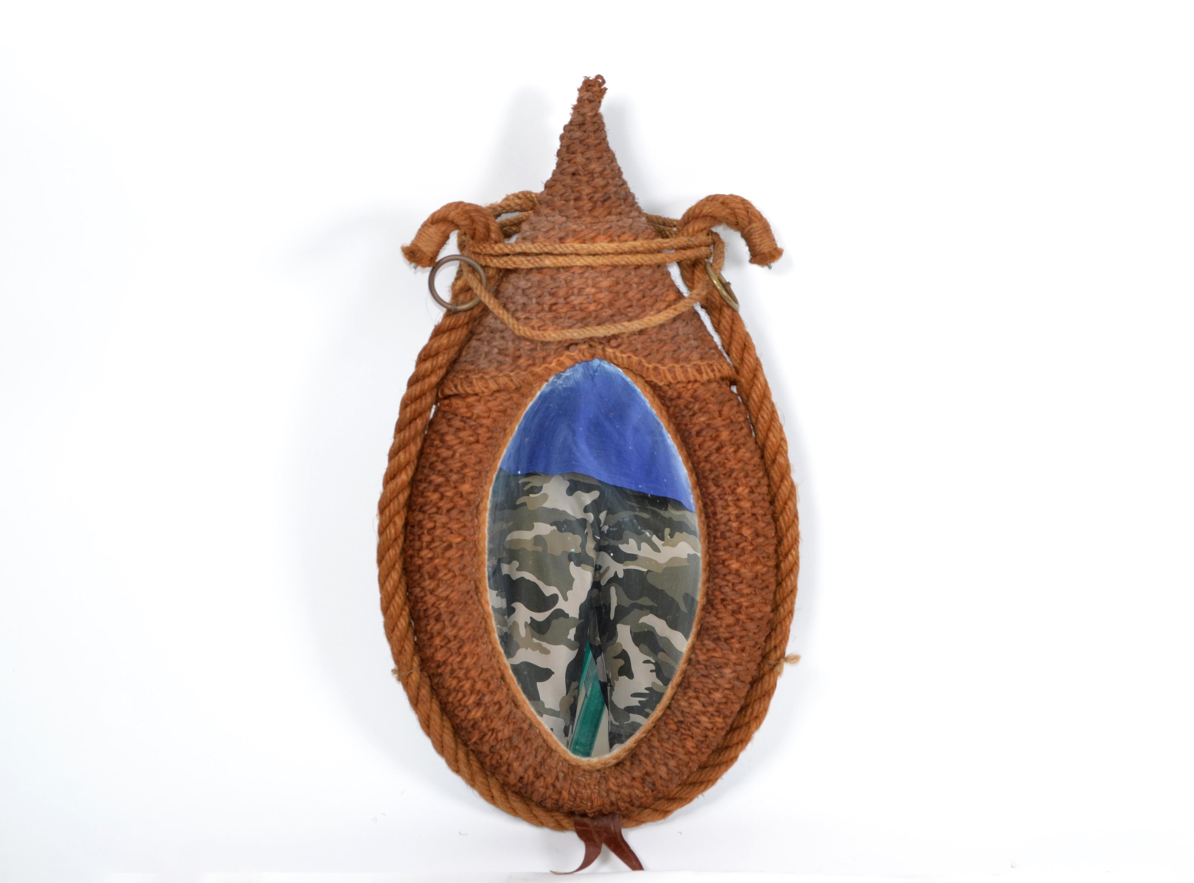 Fait main Miroir mural ovale de style Audoux Minet en corde et jute provincial français nautique en vente