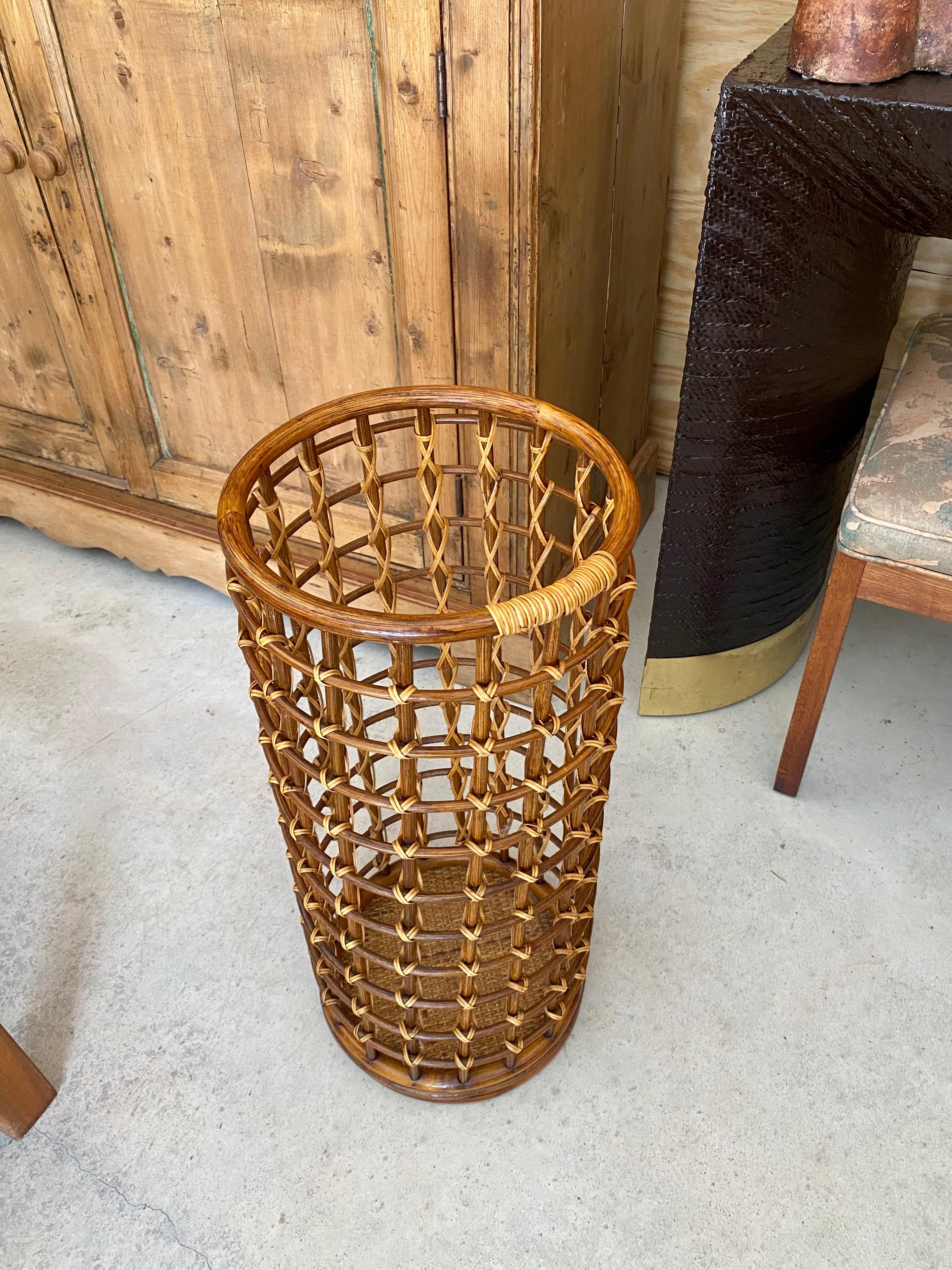 20th Century Audoux Minet-Style Rattan Umbrella Stand For Sale