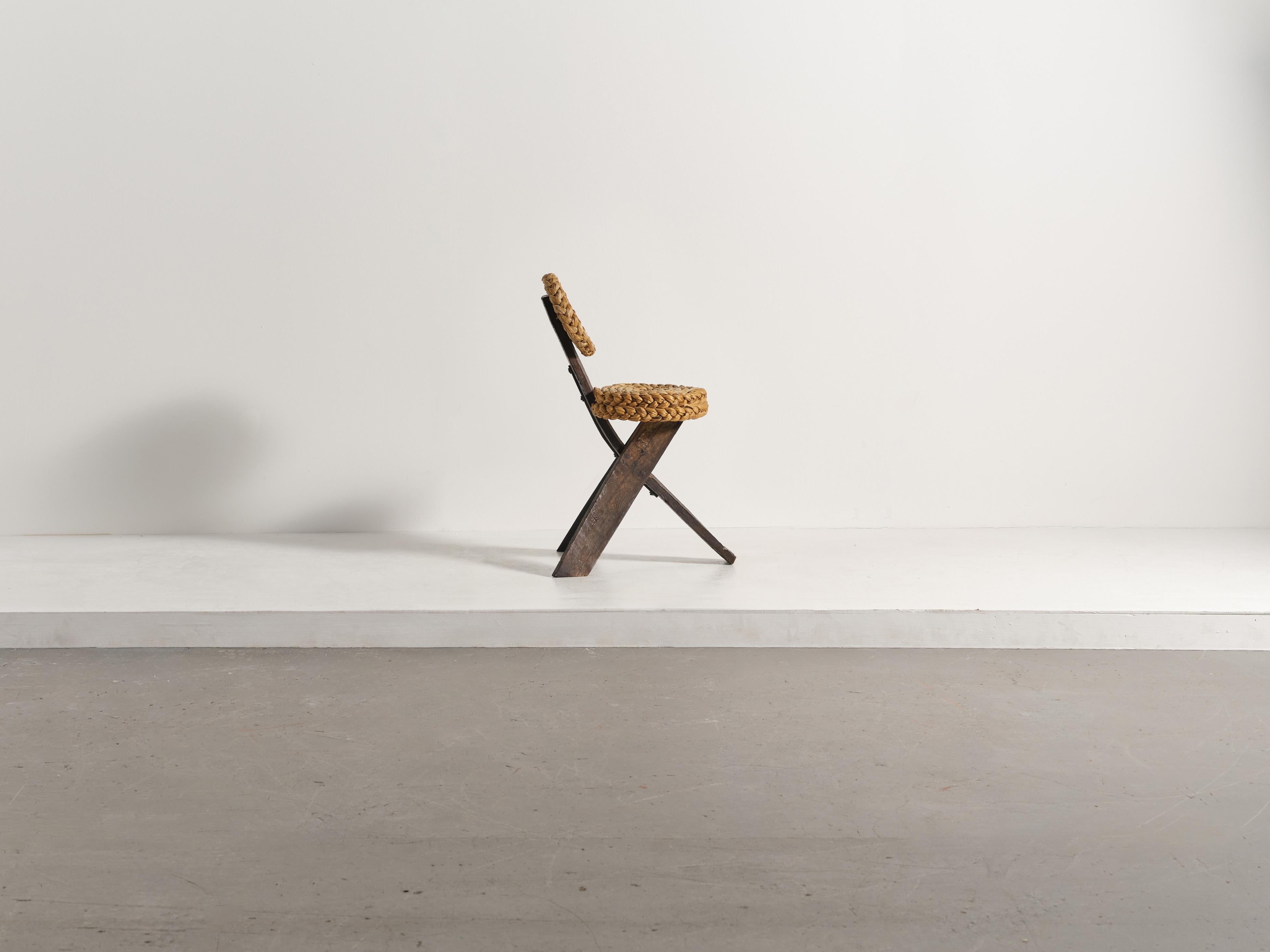 Francese Sedia a corda tripode Audoux & Minet, Francia, anni '50 in vendita