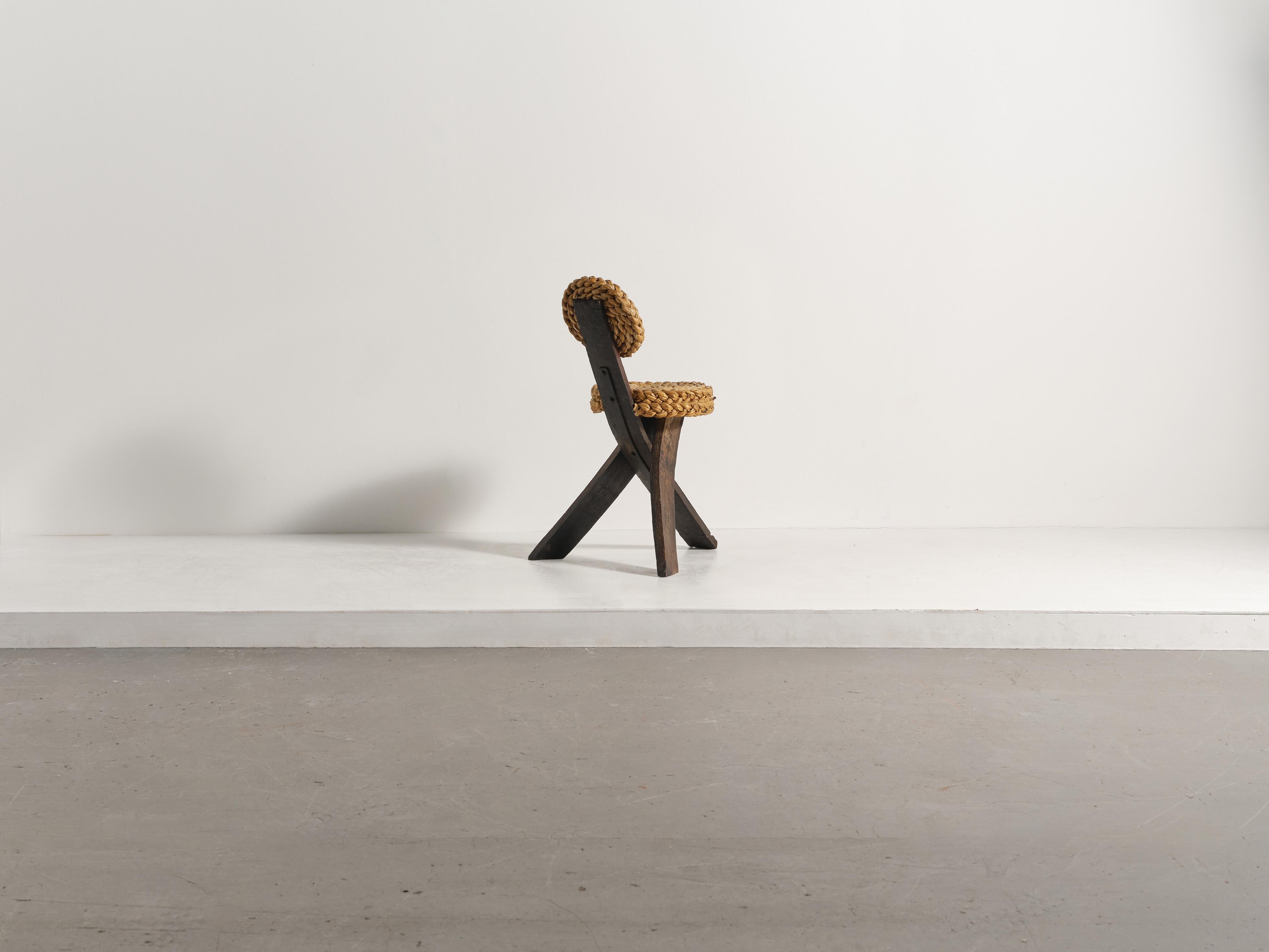 Sedia a corda tripode Audoux & Minet, Francia, anni '50 In condizioni buone in vendita a Lewes, East Sussex