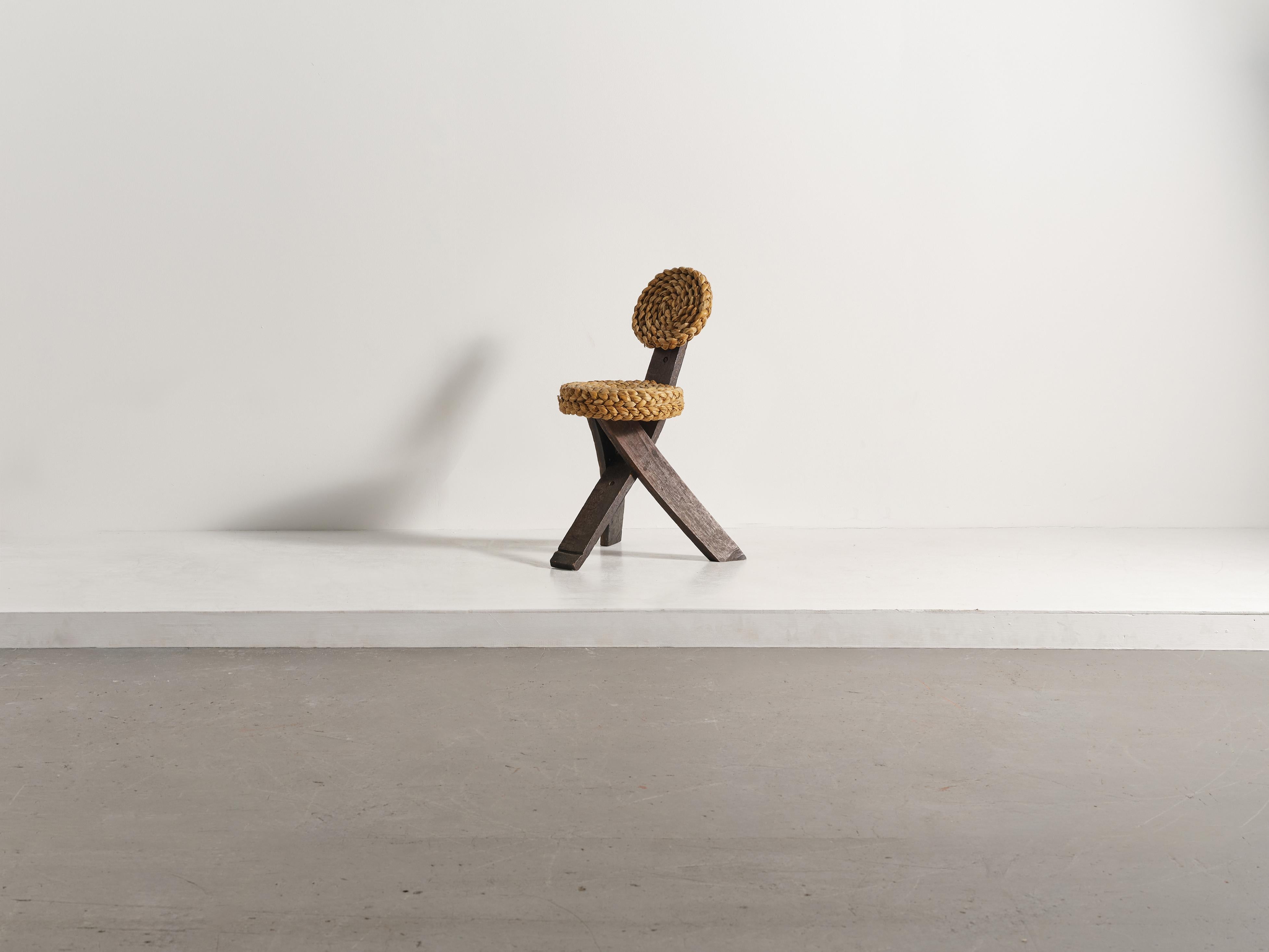 Sedia a corda tripode Audoux & Minet, Francia, anni '50 in vendita 1