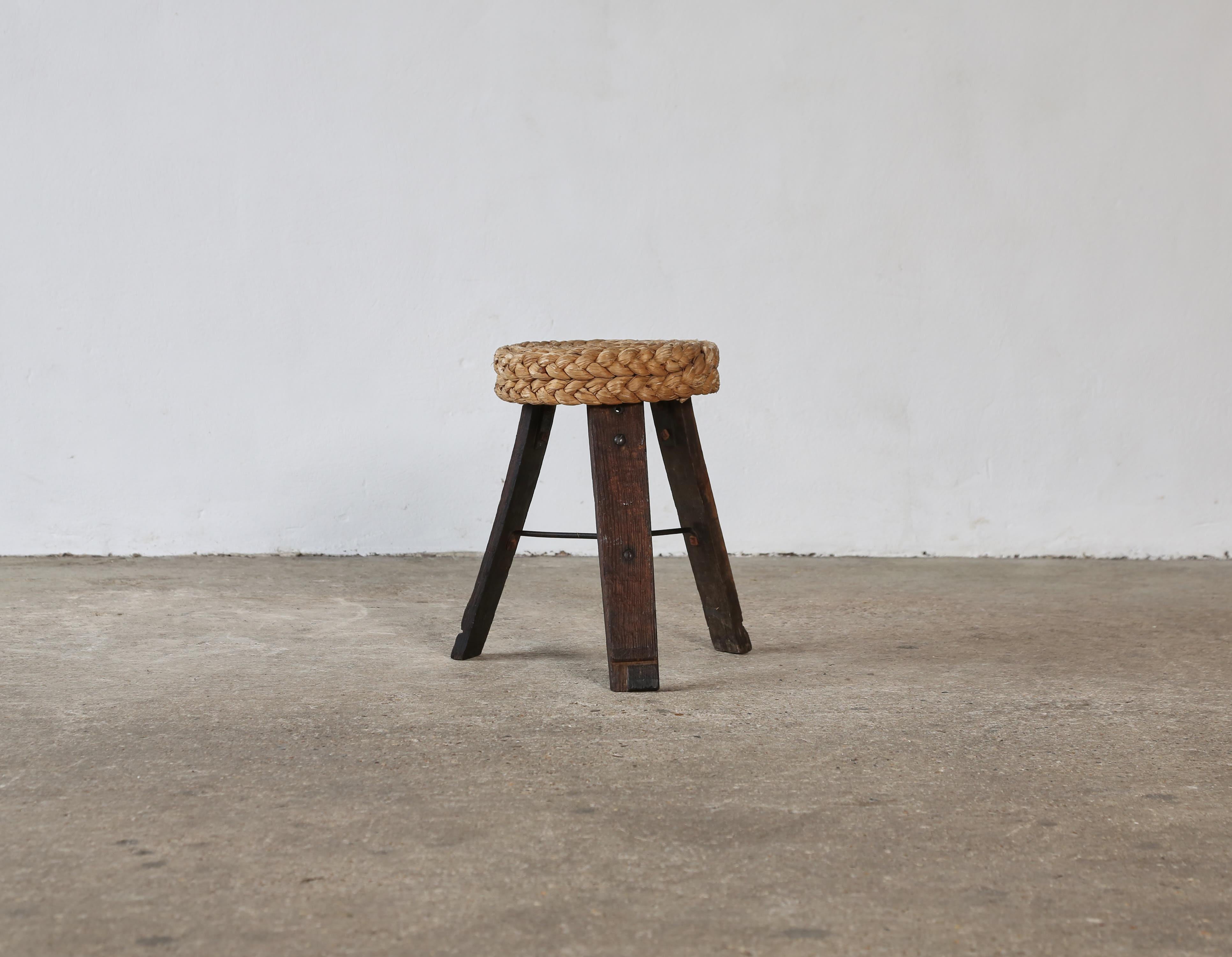 Mid-Century Modern Audoux & Minet Tripod Rope Stool, France, 1950s For Sale