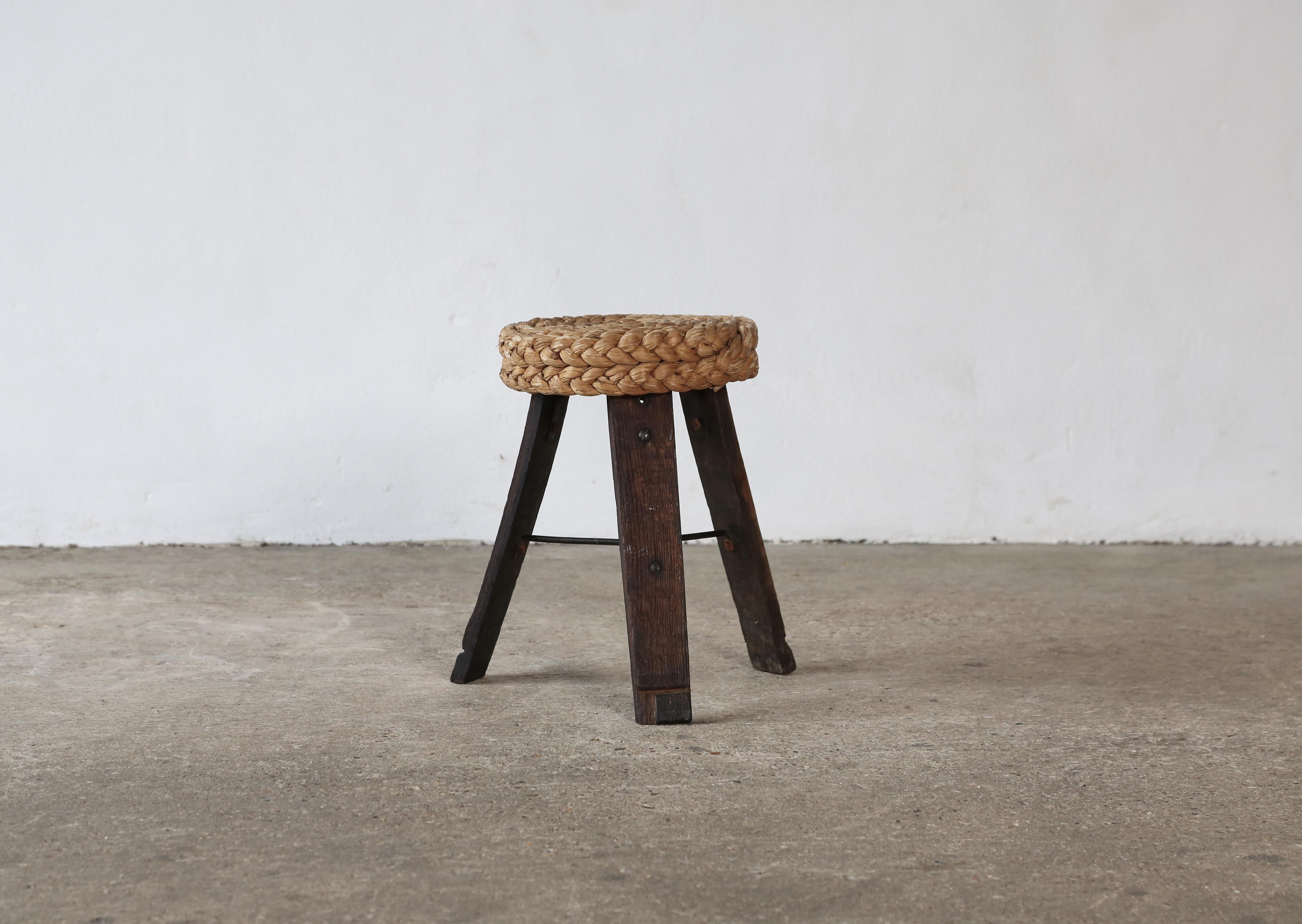 French Audoux & Minet Tripod Rope Stool, France, 1950s For Sale