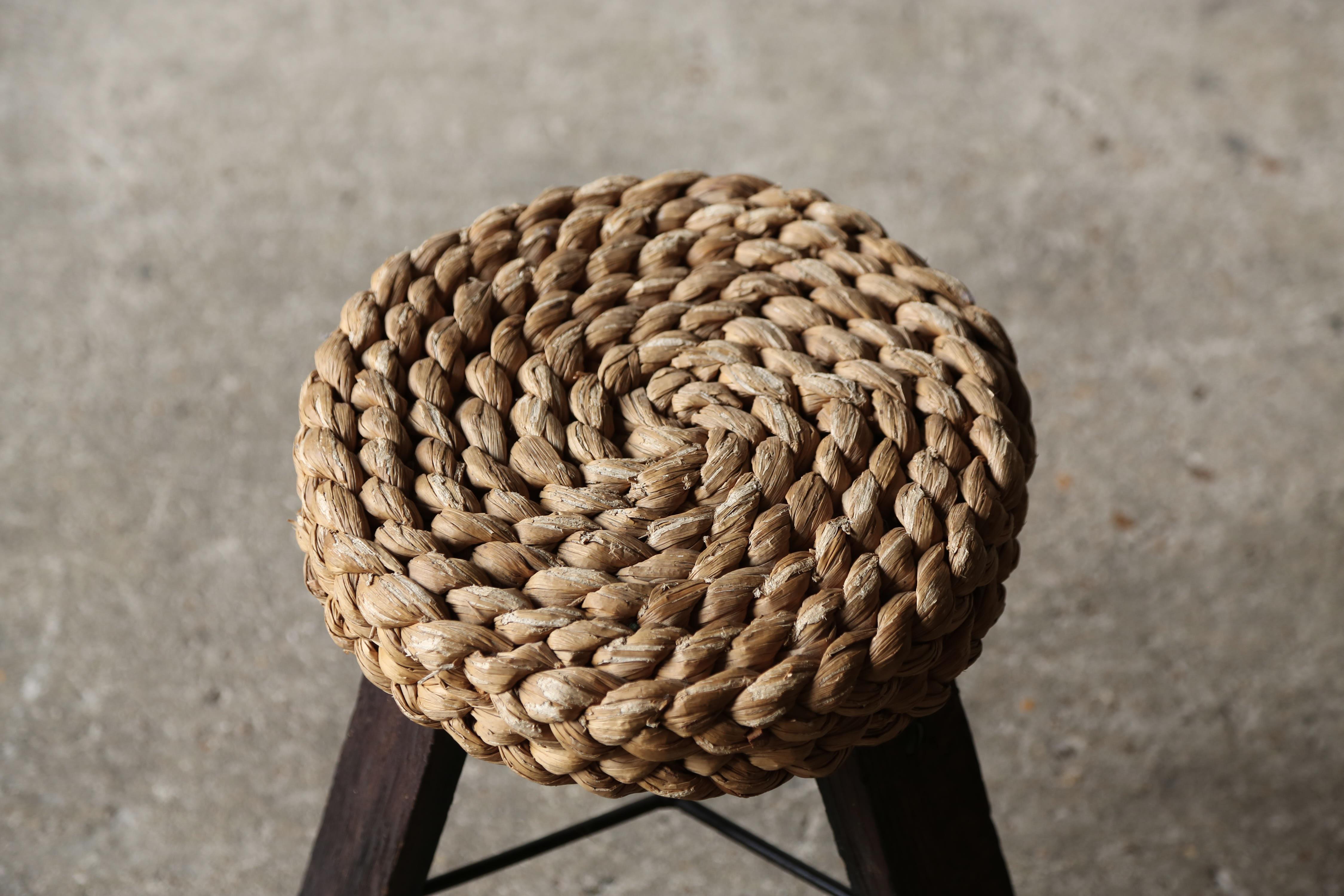 Mid-Century Modern Audoux & Minet Tripod Rope Stool, France, 1950s For Sale