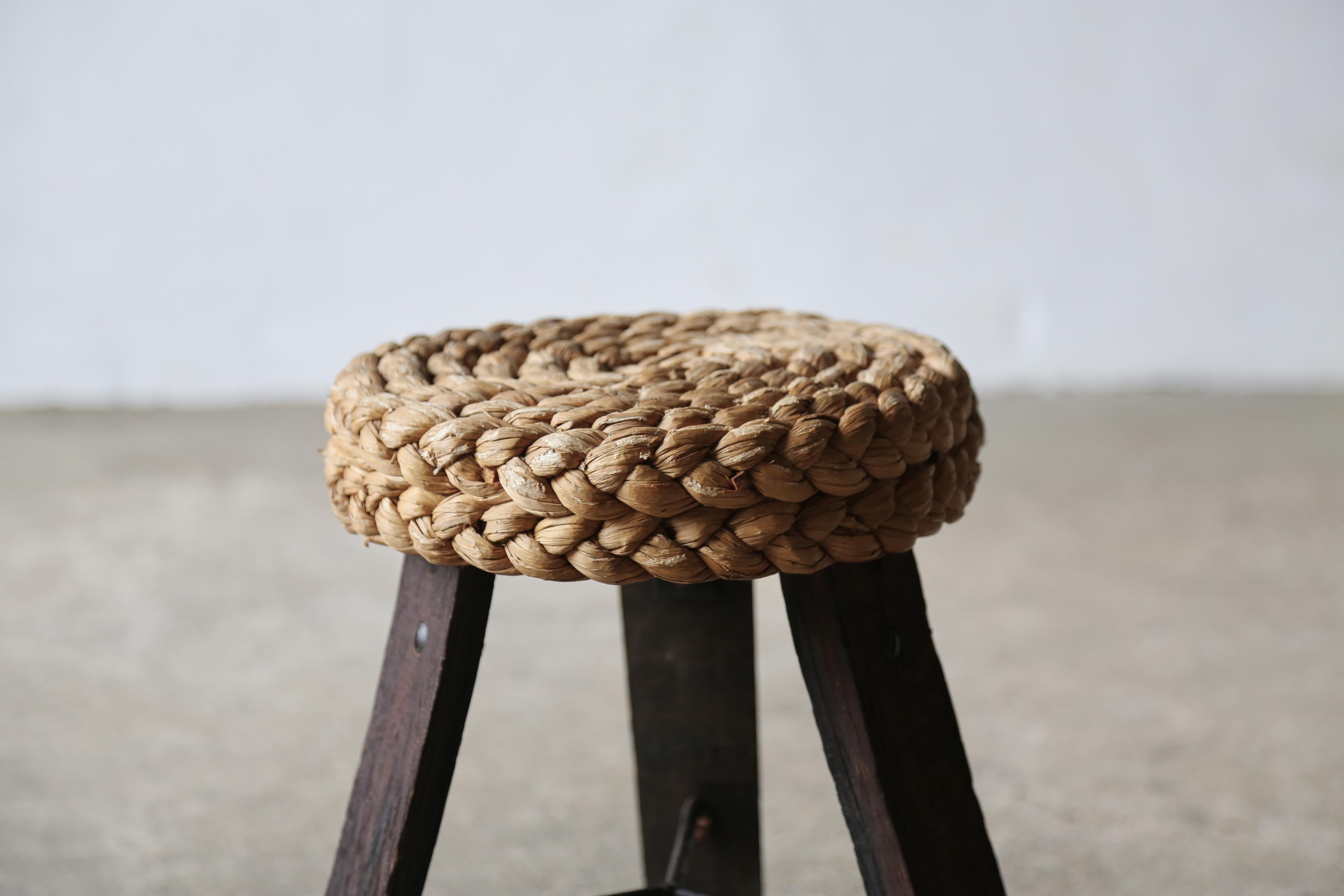 French Audoux & Minet Tripod Rope Stool, France, 1950s For Sale