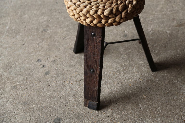 Tabouret De Bar Vintage AUDOUX MINET Années 50 - Bois Et Raphia Marron