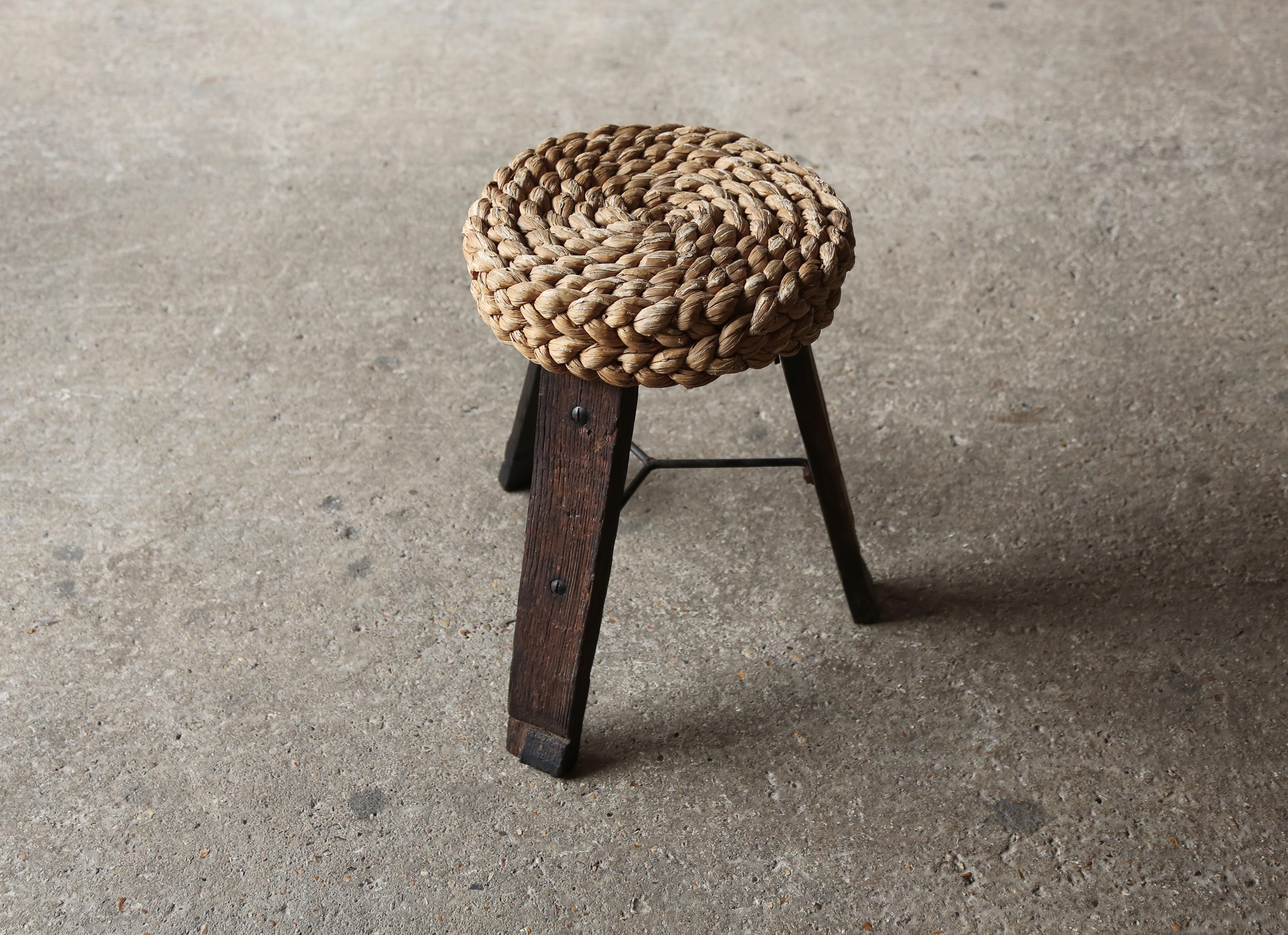 20th Century Audoux & Minet Tripod Rope Stool, France, 1950s For Sale