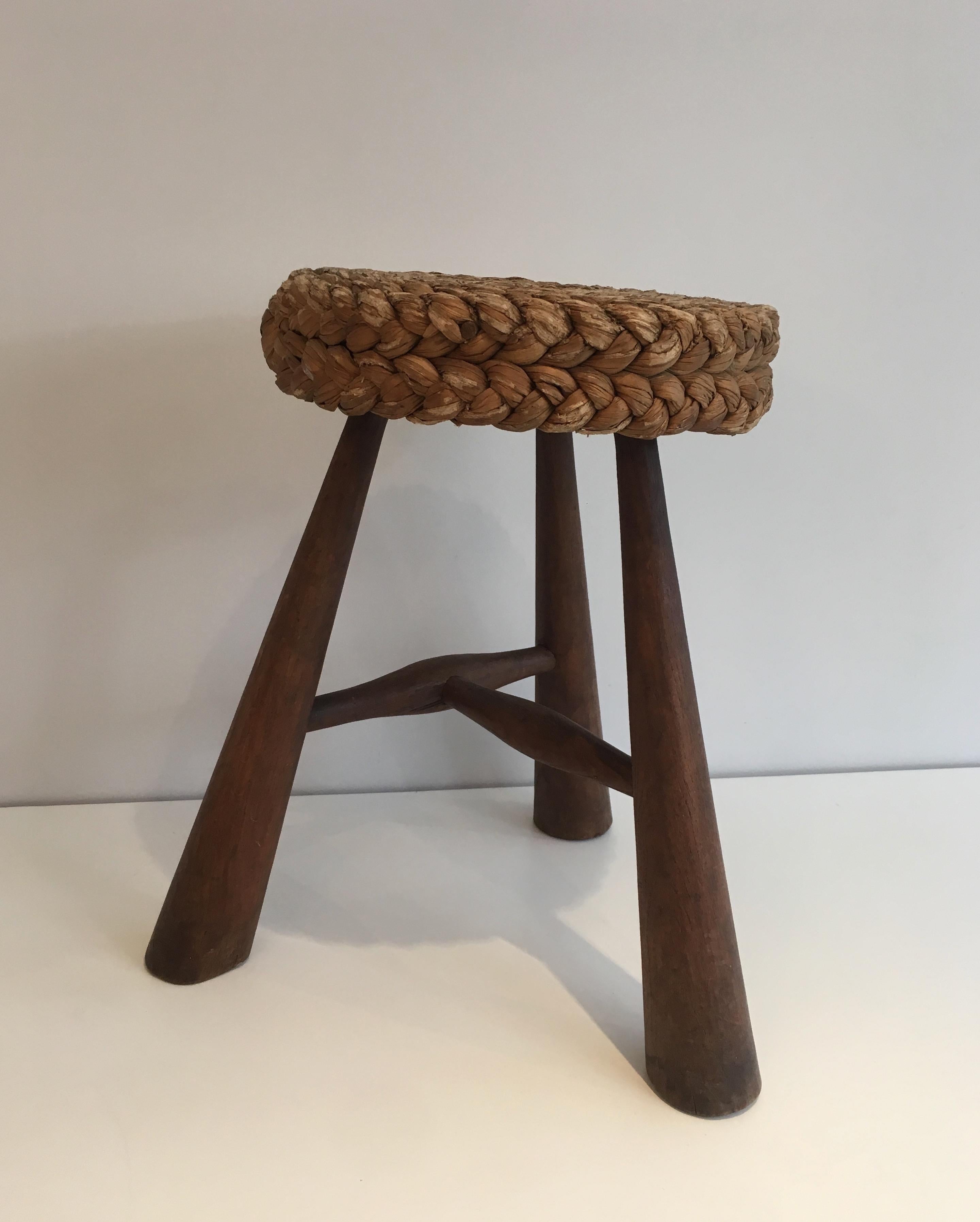 Audoux Minet, Wood and Rope Stool, French, circa 1950 6