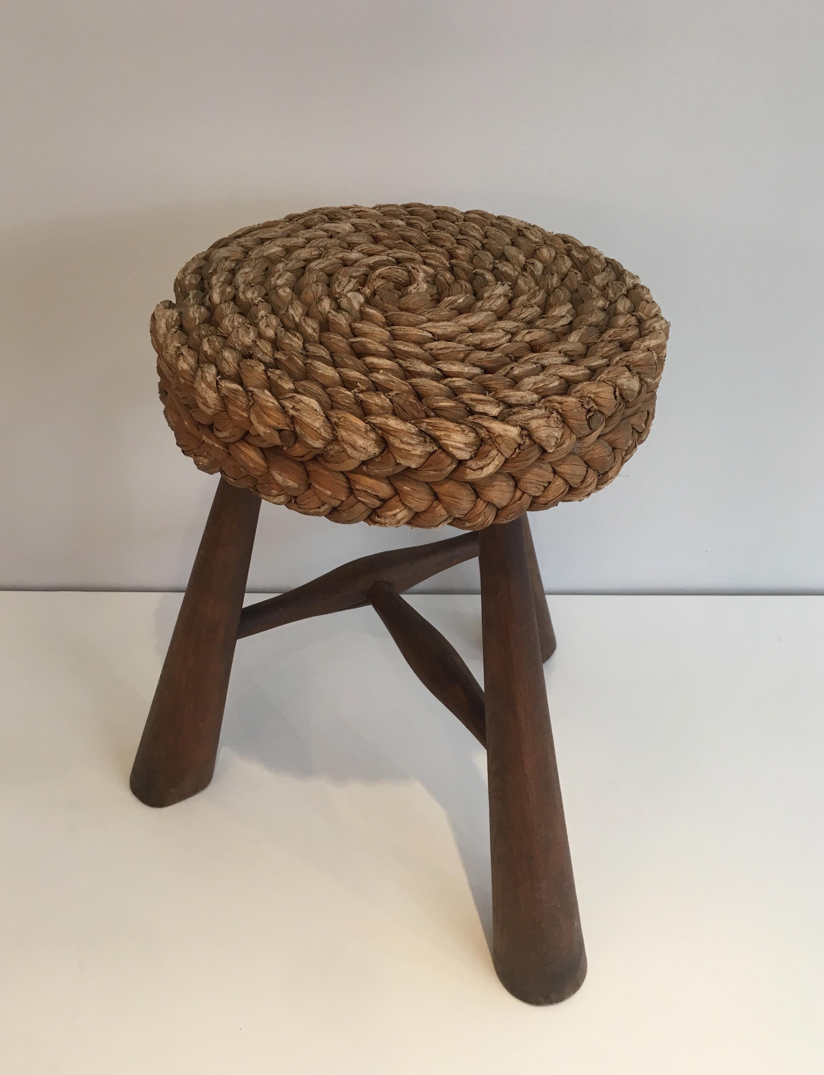 Audoux Minet, Wood and Rope Stool, French, circa 1950 7