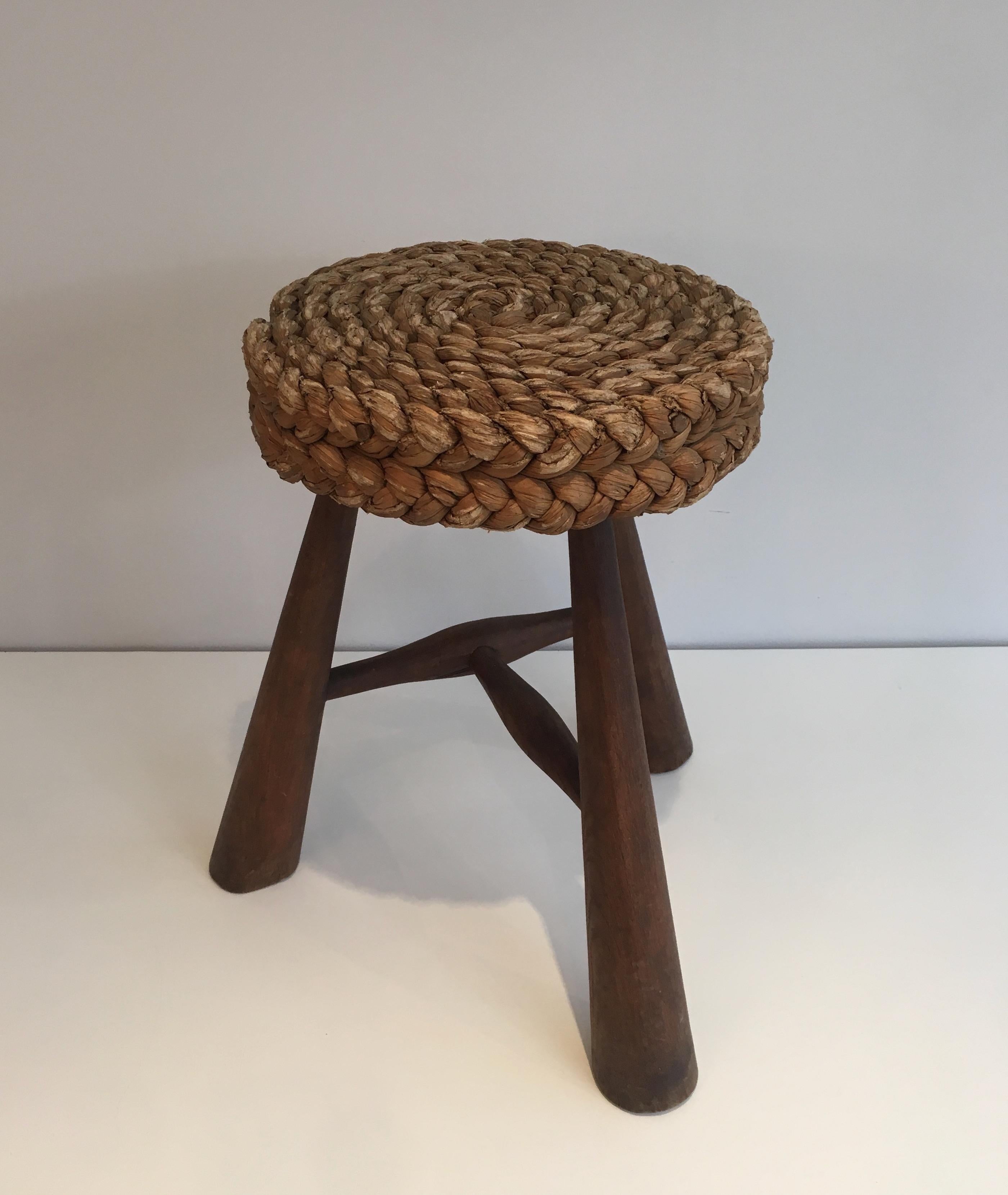 Audoux Minet, Wood and Rope Stool, French, circa 1950 8