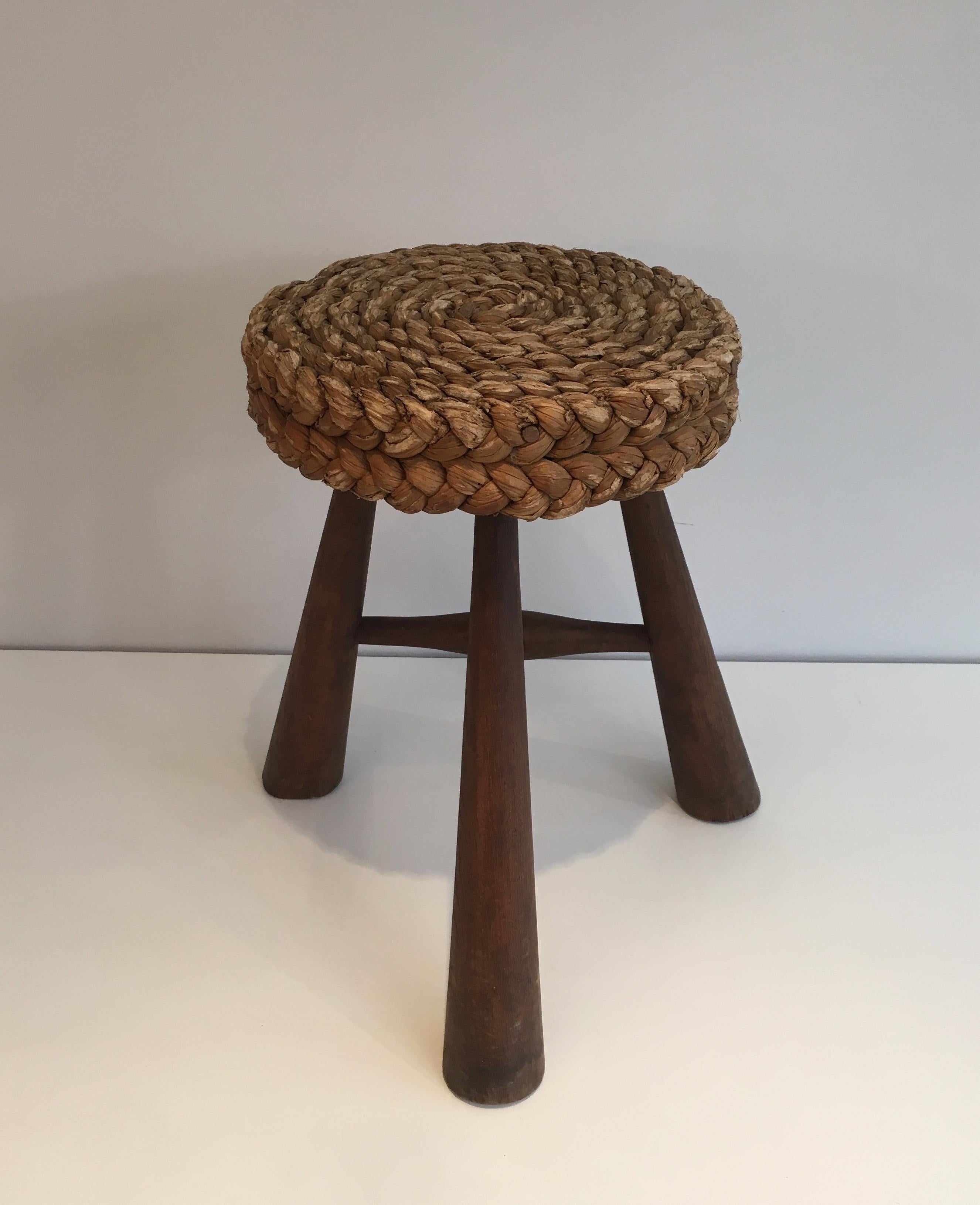 Mid-Century Modern Audoux Minet, Wood and Rope Stool, French, circa 1950