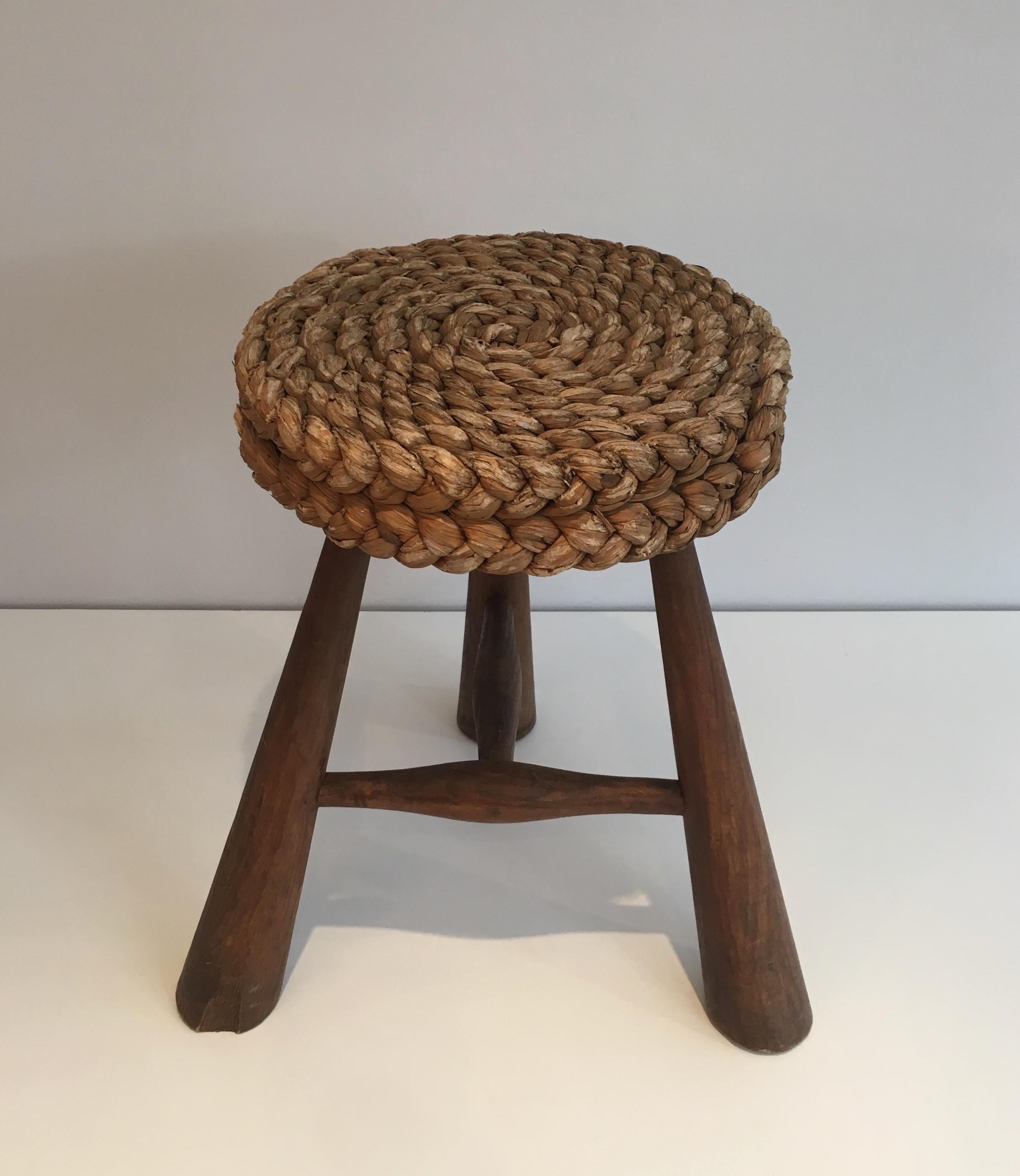 Audoux Minet, Wood and Rope Stool, French, circa 1950 In Good Condition In Marcq-en-Barœul, Hauts-de-France