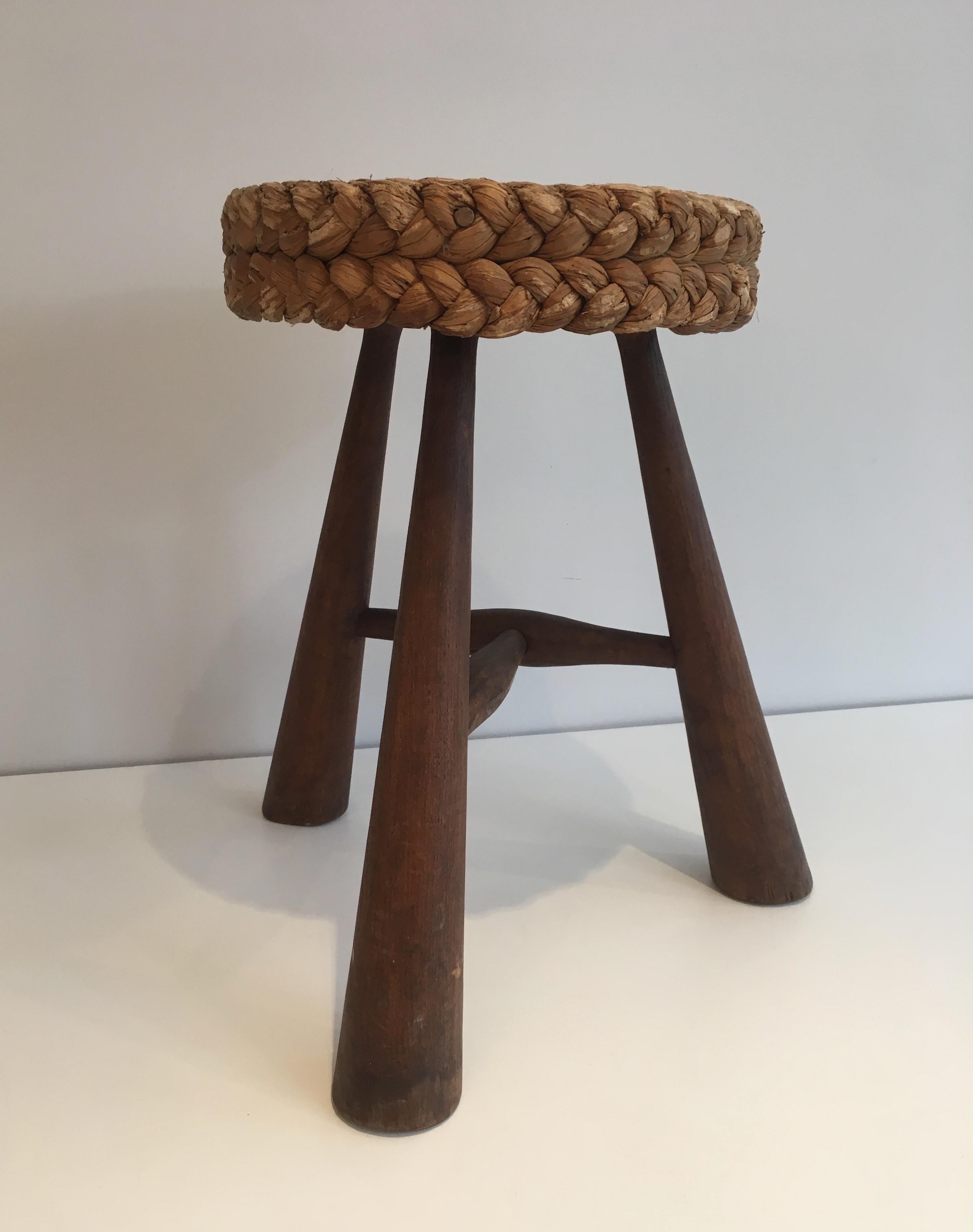 Mid-20th Century Audoux Minet, Wood and Rope Stool, French, circa 1950