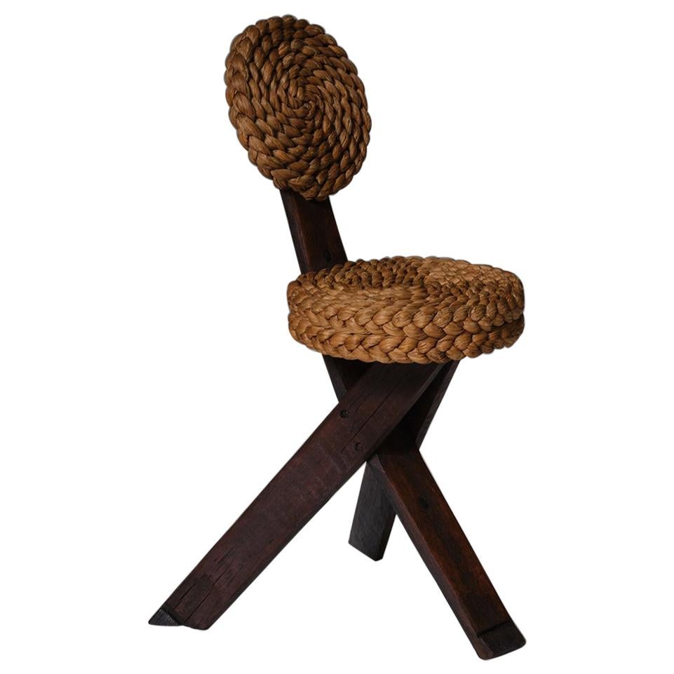 Audoux Minet Wood and Rush Side Chair, France, 1960’s