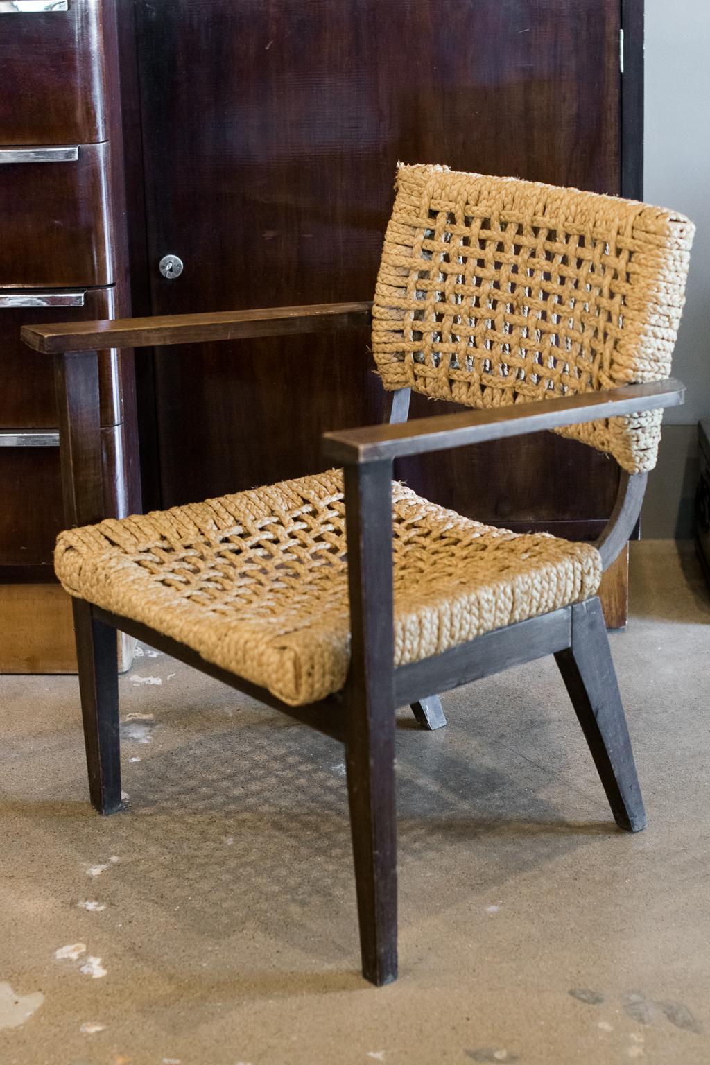 Audoux-Minet Woven Armchair, France, 1940s In Fair Condition In Austin, TX