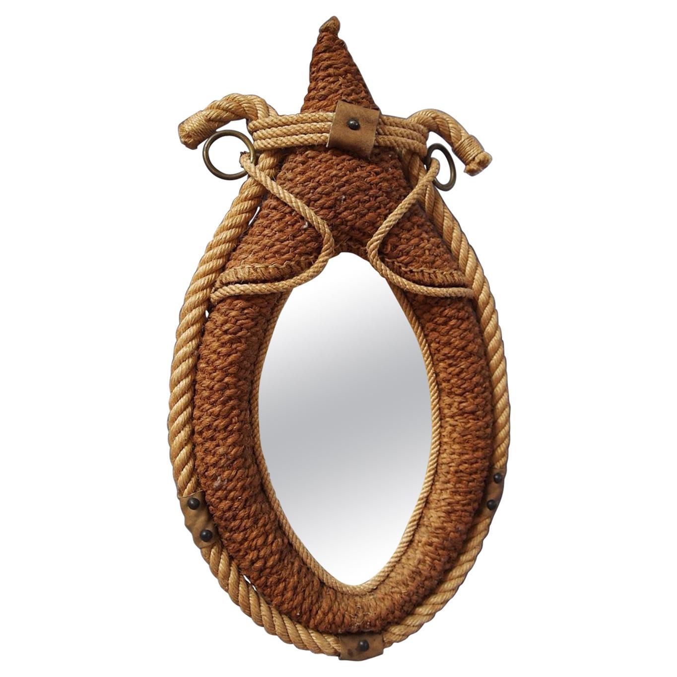 Audoux Twink Mirror in Rope and Leather, 1950 For Sale