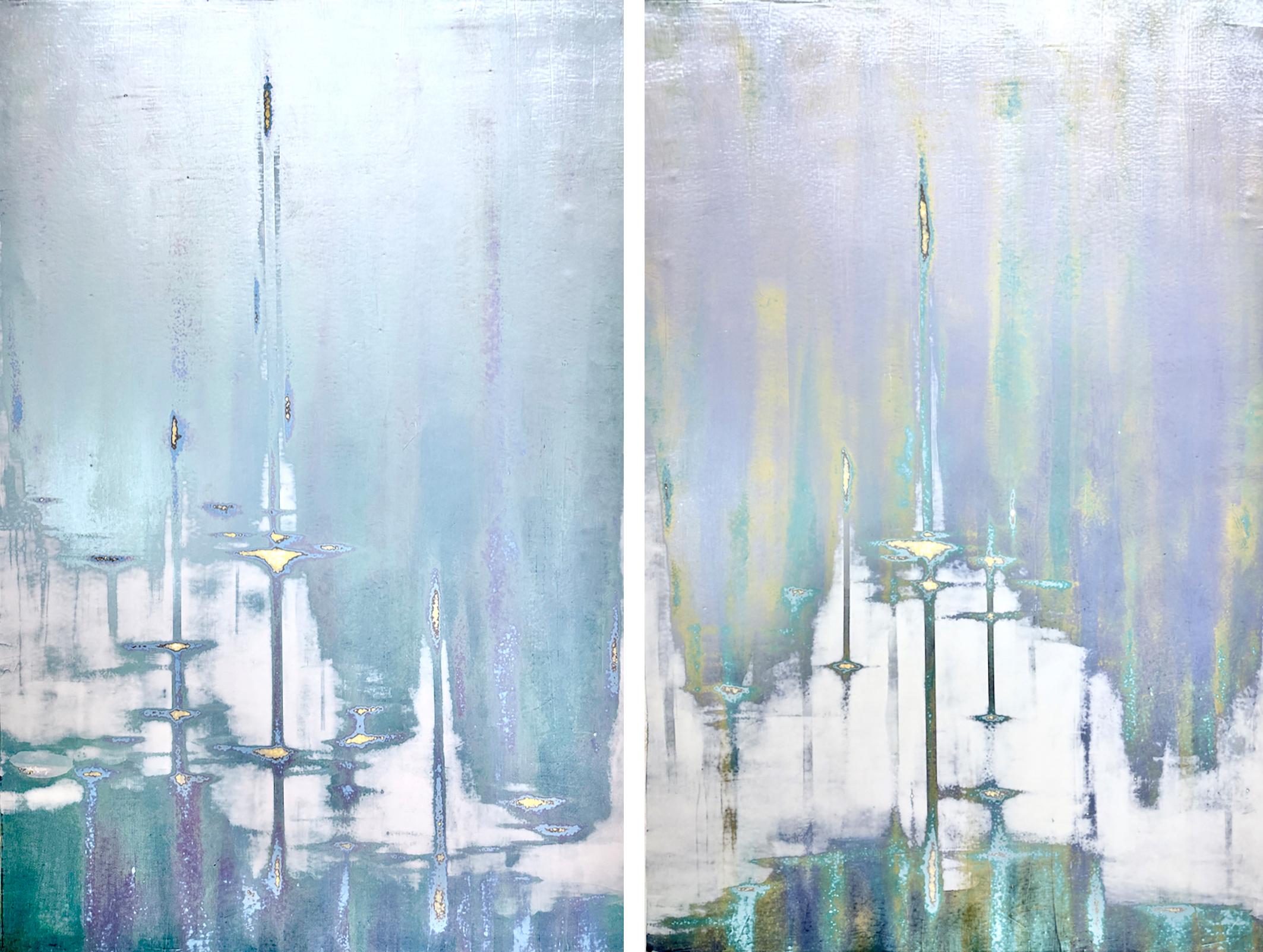 AUDRA WEASER
"Pearl Dives (Diptych)"
Acrylic, Metallic Pigments, Plaster Paint on Canvas
60 x 40 in. Each; 60 x 80 in. Overall
___________________

Utilizing a minimalist color palette, Weaser’s process-based paintings are excavations of memories