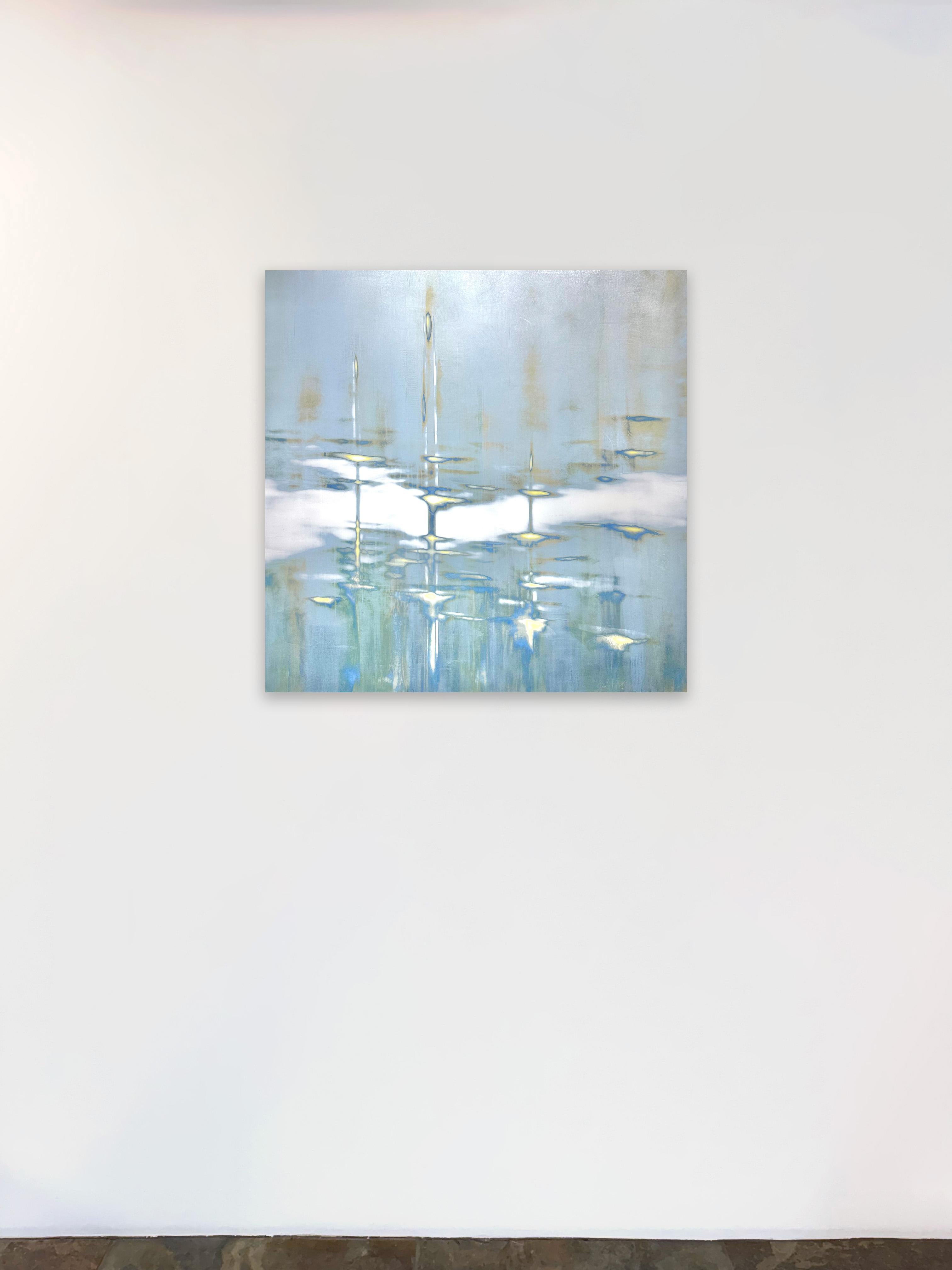 Blue Mixed Media Waterscape with Metallic Pigment_Bathing Light by Audra Weaser For Sale 1