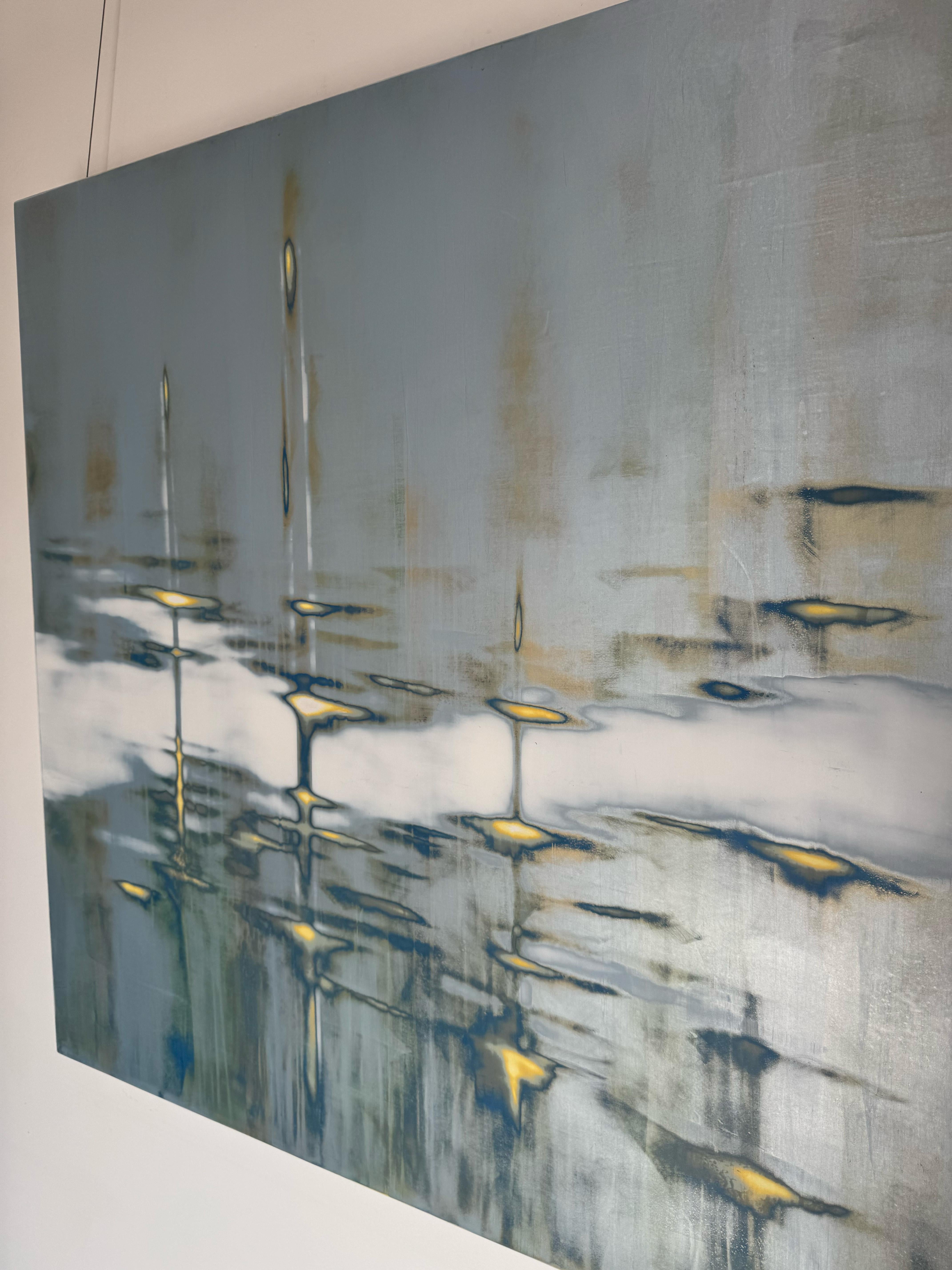 Blue Mixed Media Waterscape with Metallic Pigment_Bathing Light by Audra Weaser For Sale 2