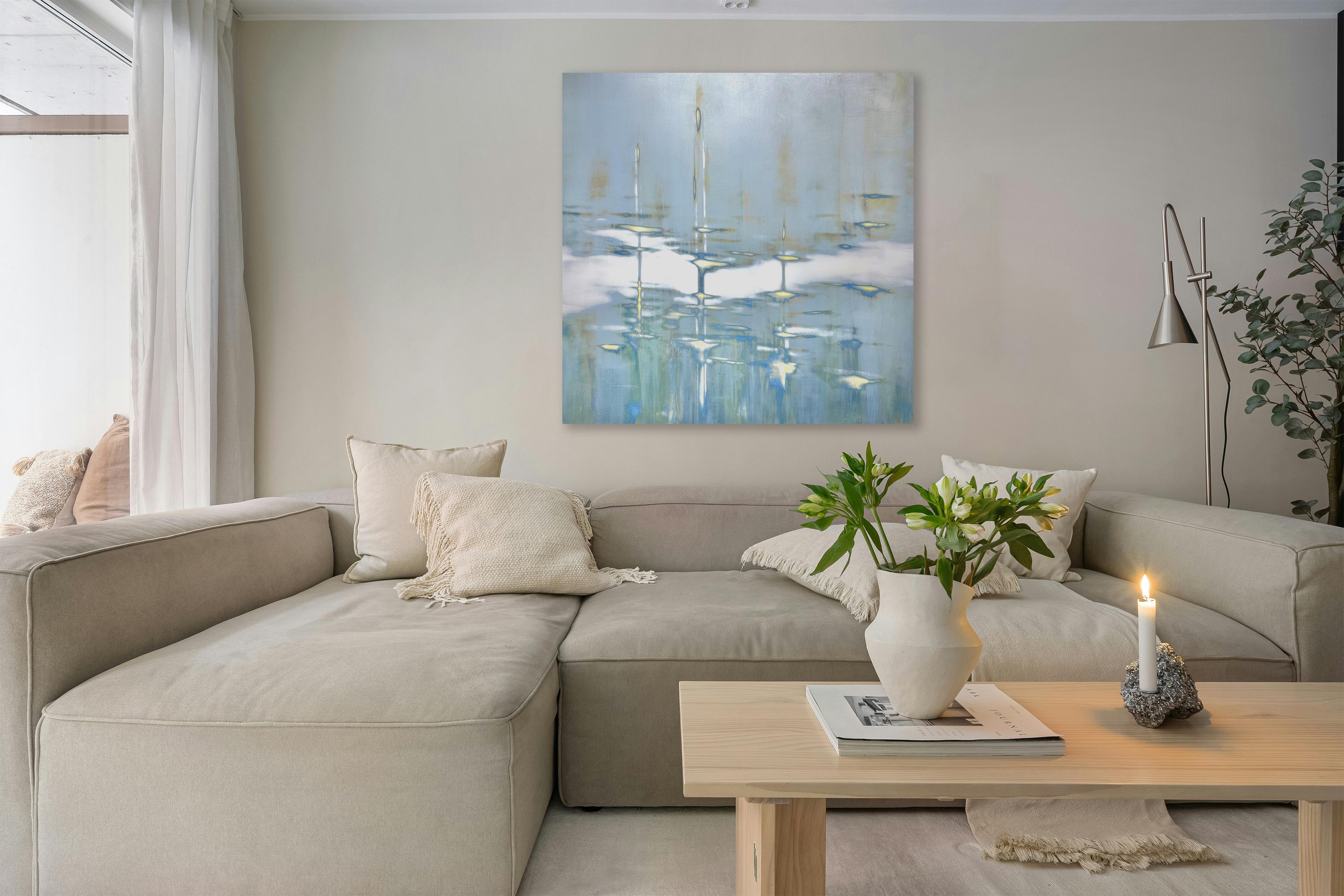 Blue Mixed Media Waterscape with Metallic Pigment_Bathing Light by Audra Weaser For Sale 2