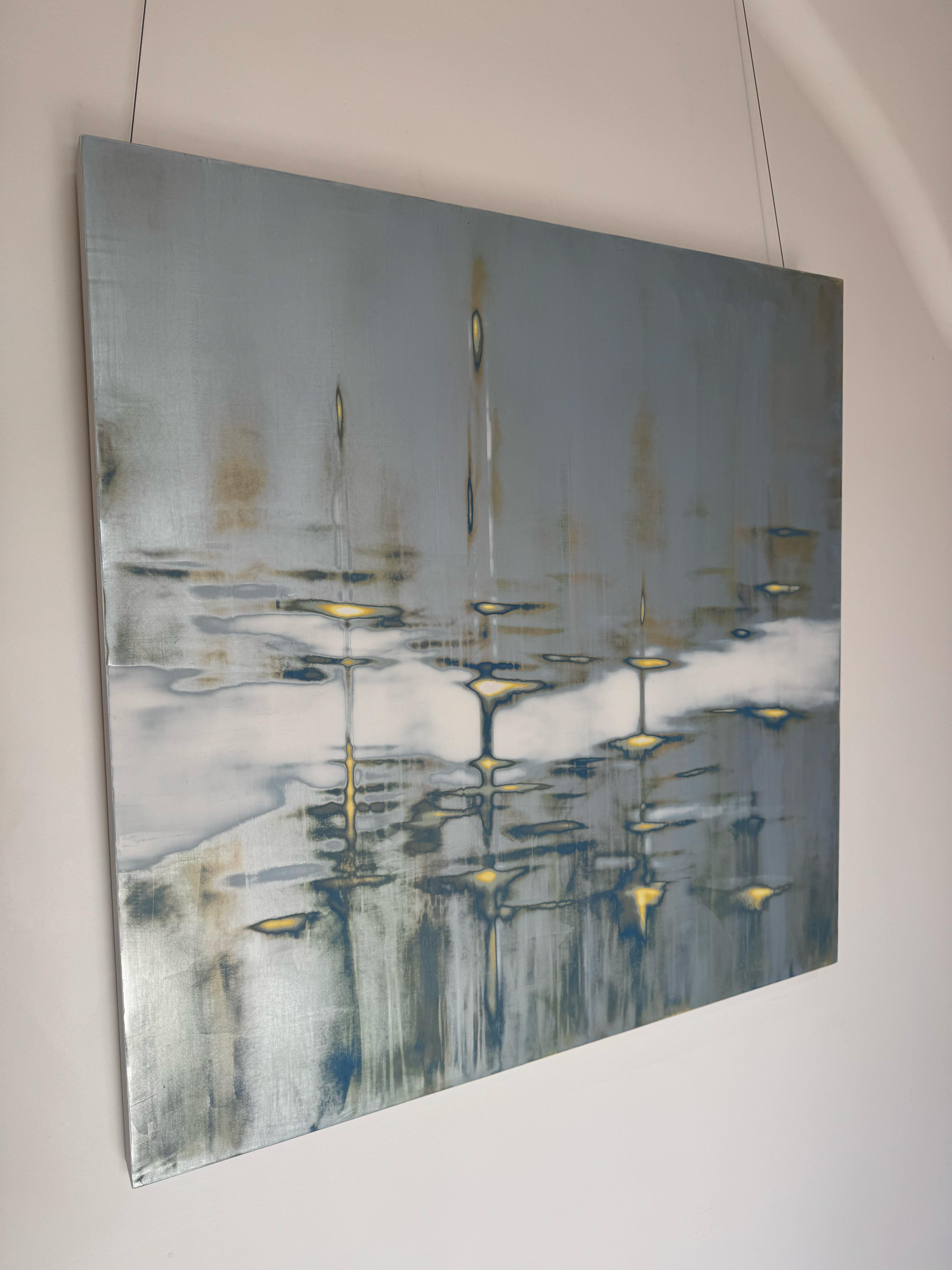 Blue Mixed Media Waterscape with Metallic Pigment_Bathing Light by Audra Weaser For Sale 3