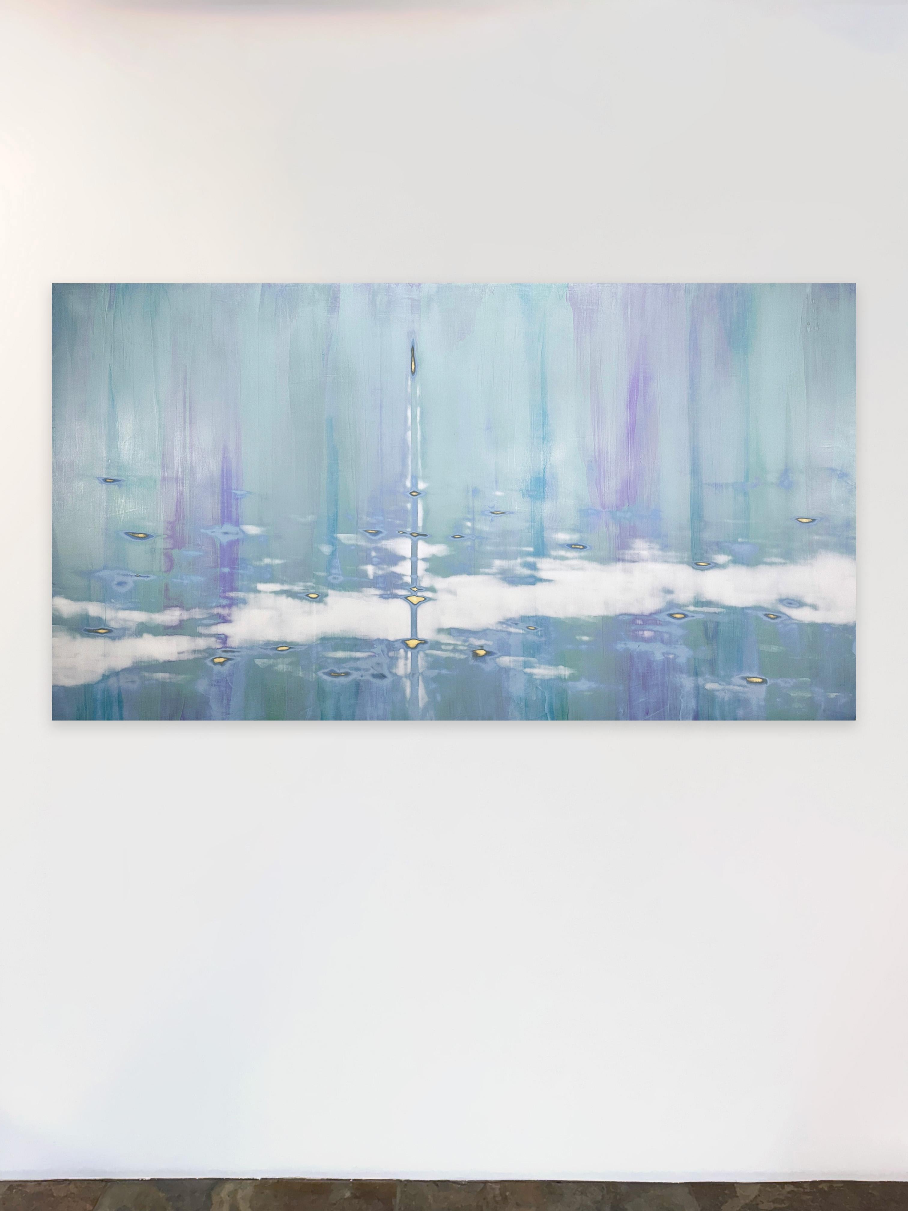 Paesaggio acquatico a tecnica mista blu con pigmento metallico_Cascading di Audra Weaser in vendita 1