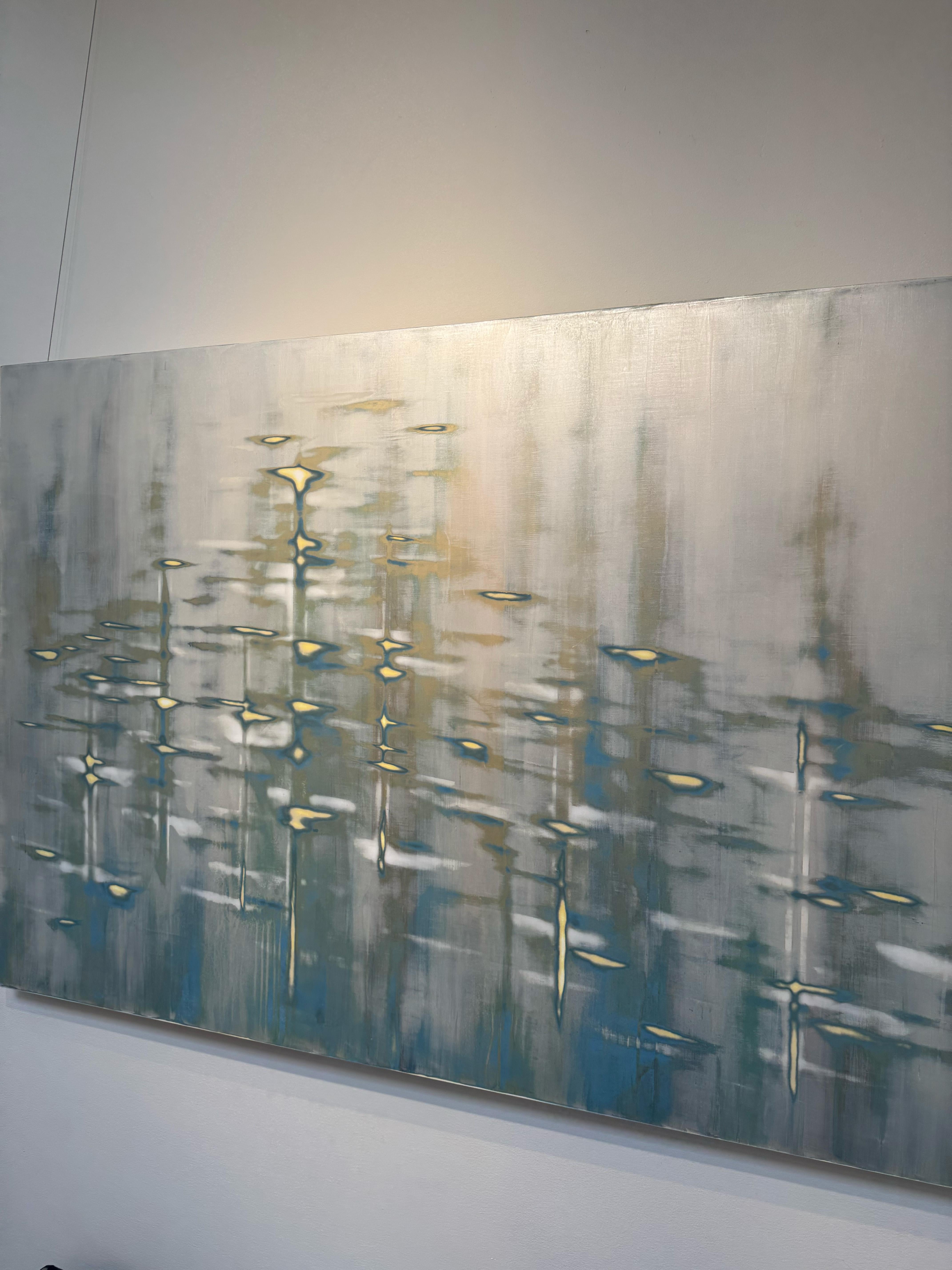 Blue Mixed Media Waterscape with Metallic Pigment_Golden Pearl by Audra Weaser For Sale 1