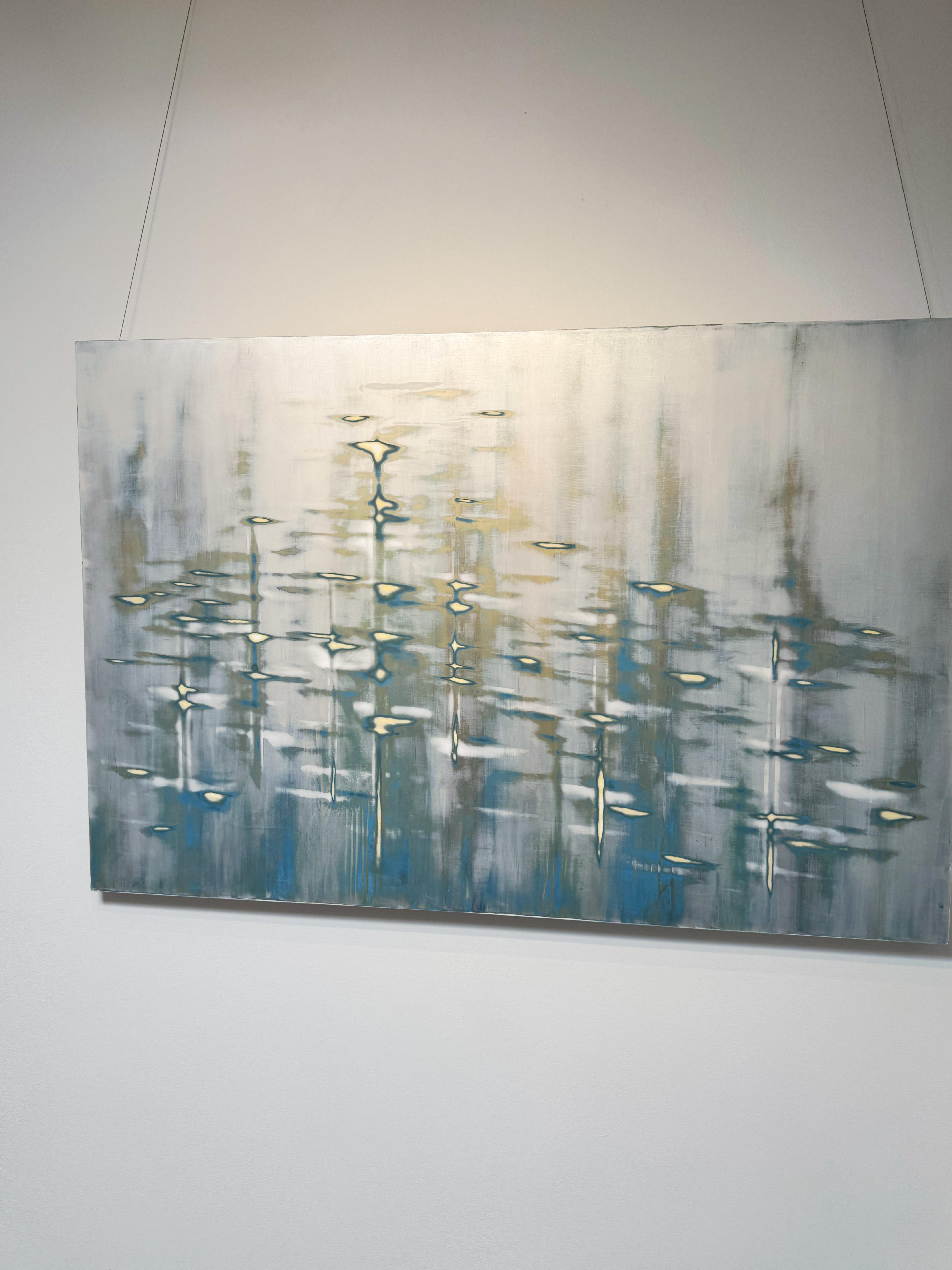 Blue Mixed Media Waterscape with Metallic Pigment_Golden Pearl by Audra Weaser For Sale 1