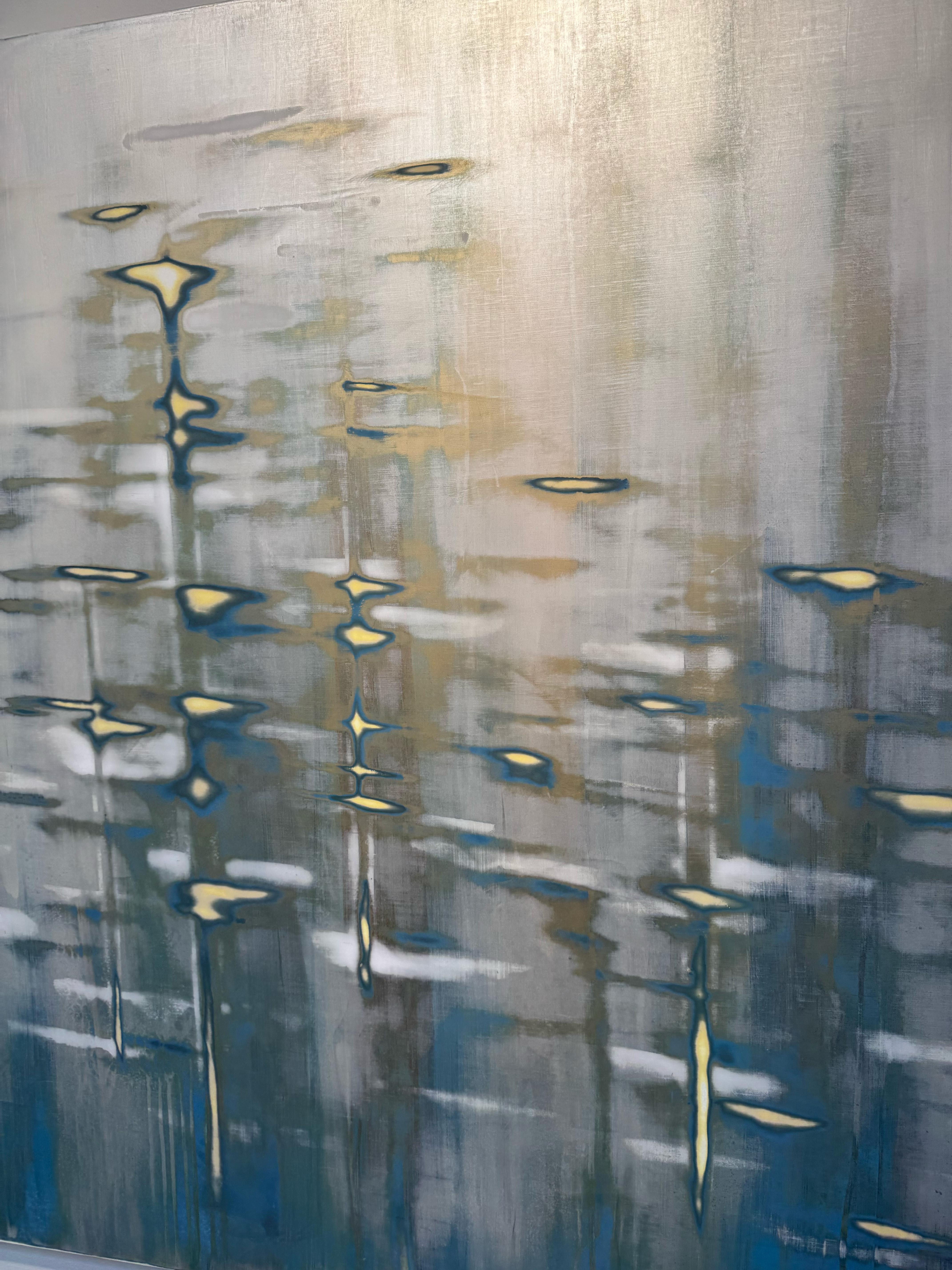Blue Mixed Media Waterscape with Metallic Pigment_Golden Pearl by Audra Weaser For Sale 2