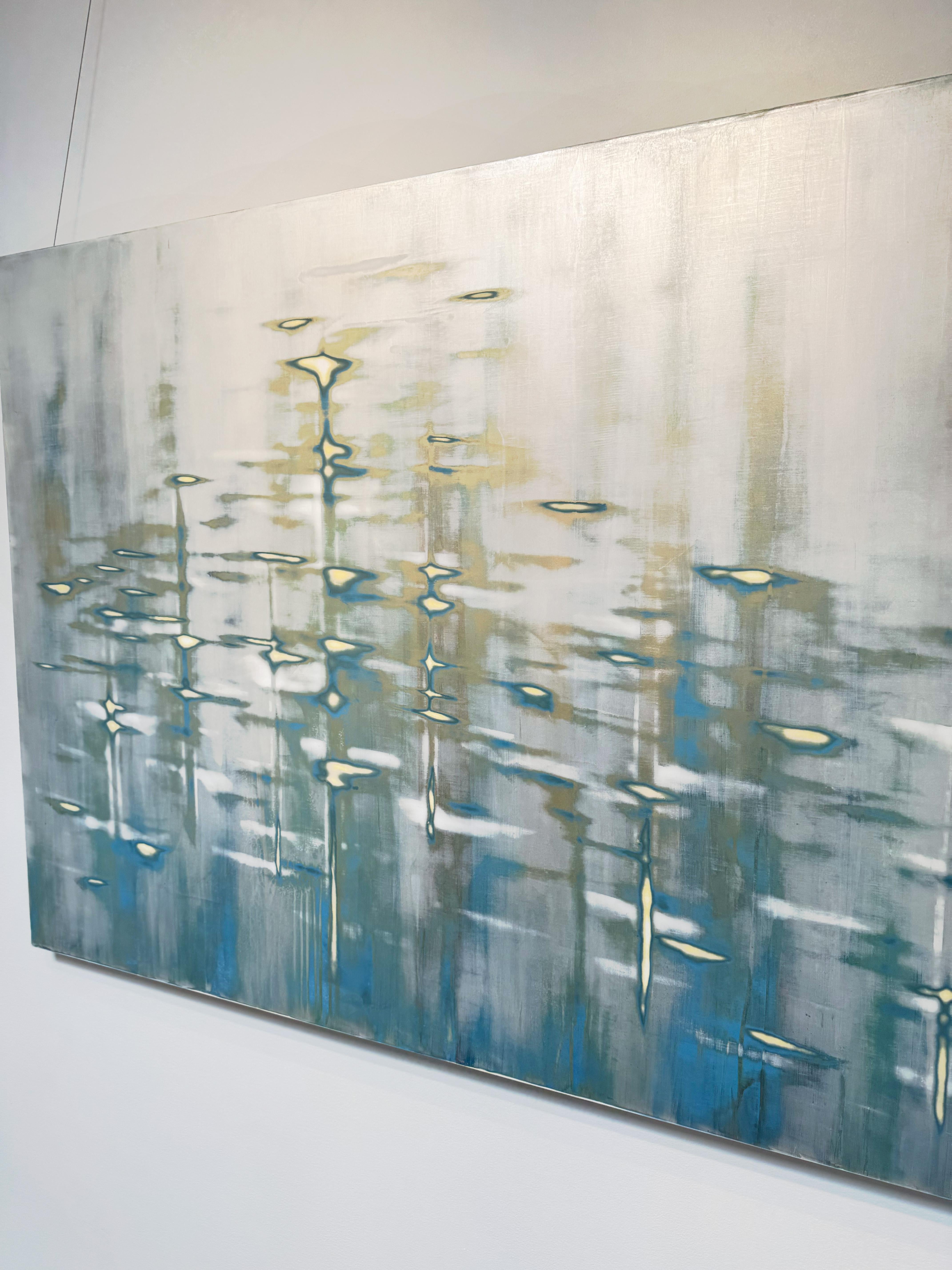 Blue Mixed Media Waterscape with Metallic Pigment_Golden Pearl by Audra Weaser For Sale 2