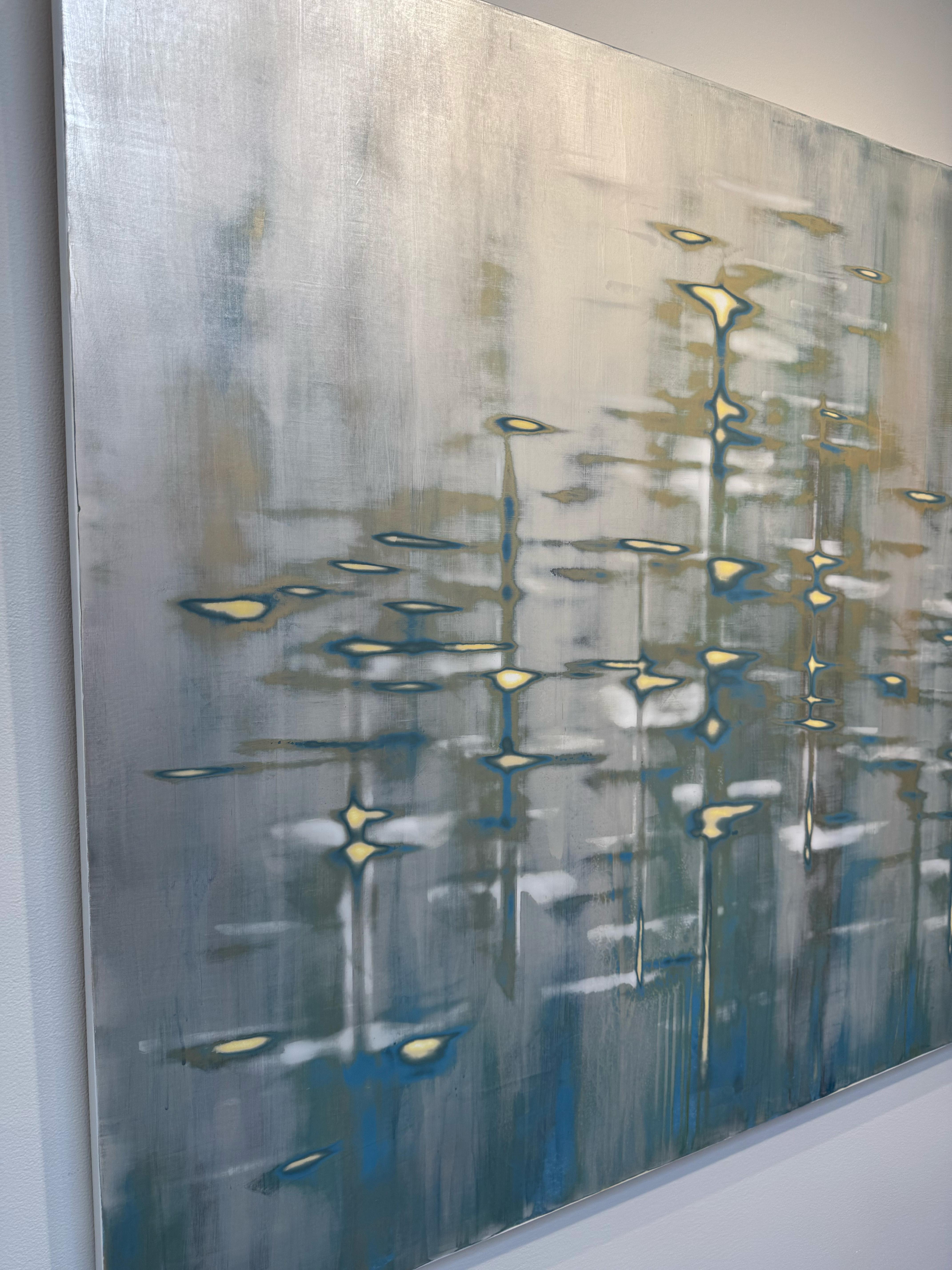 Blue Mixed Media Waterscape with Metallic Pigment_Golden Pearl by Audra Weaser For Sale 3