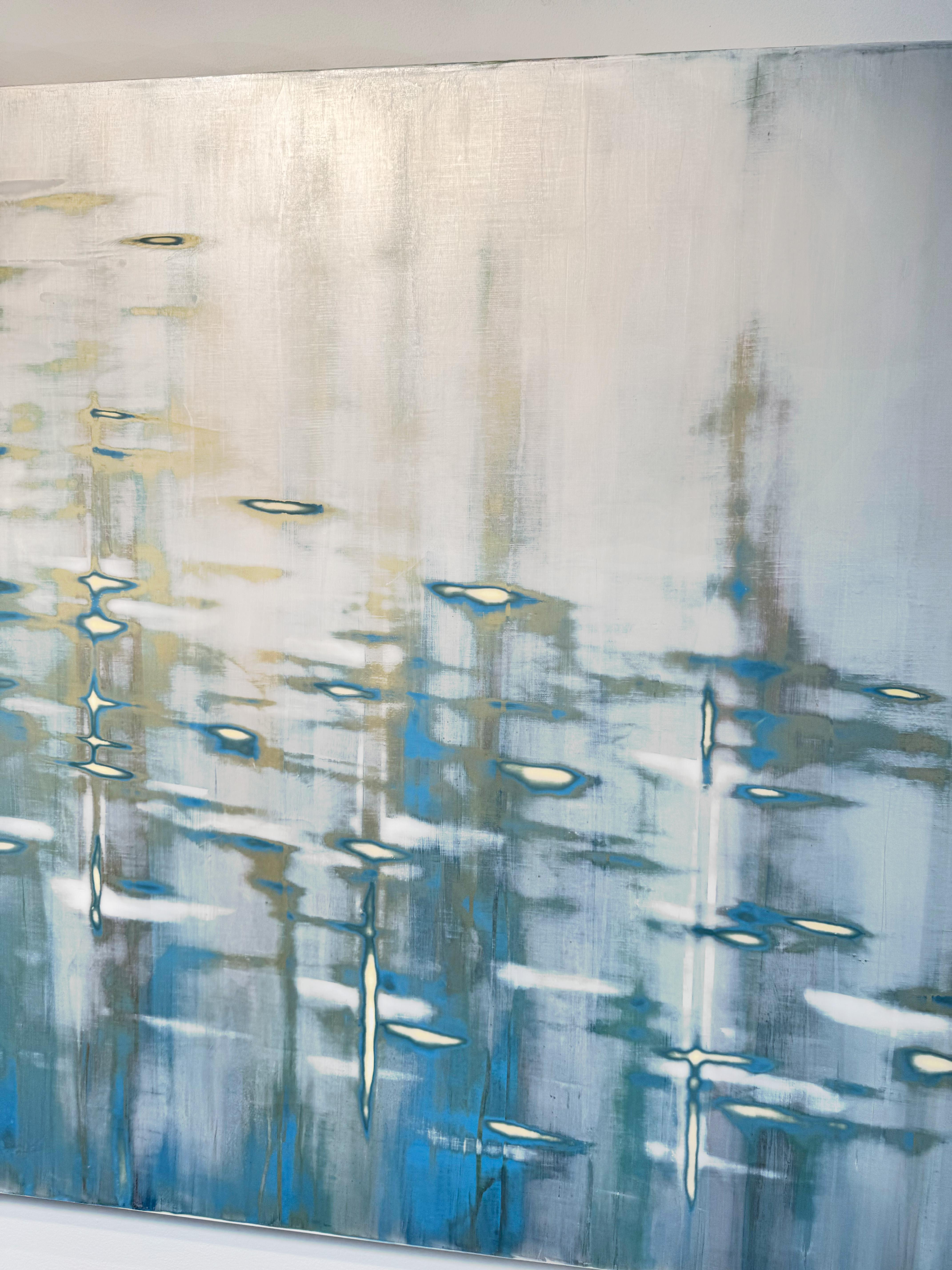 Blue Mixed Media Waterscape with Metallic Pigment_Golden Pearl by Audra Weaser For Sale 3