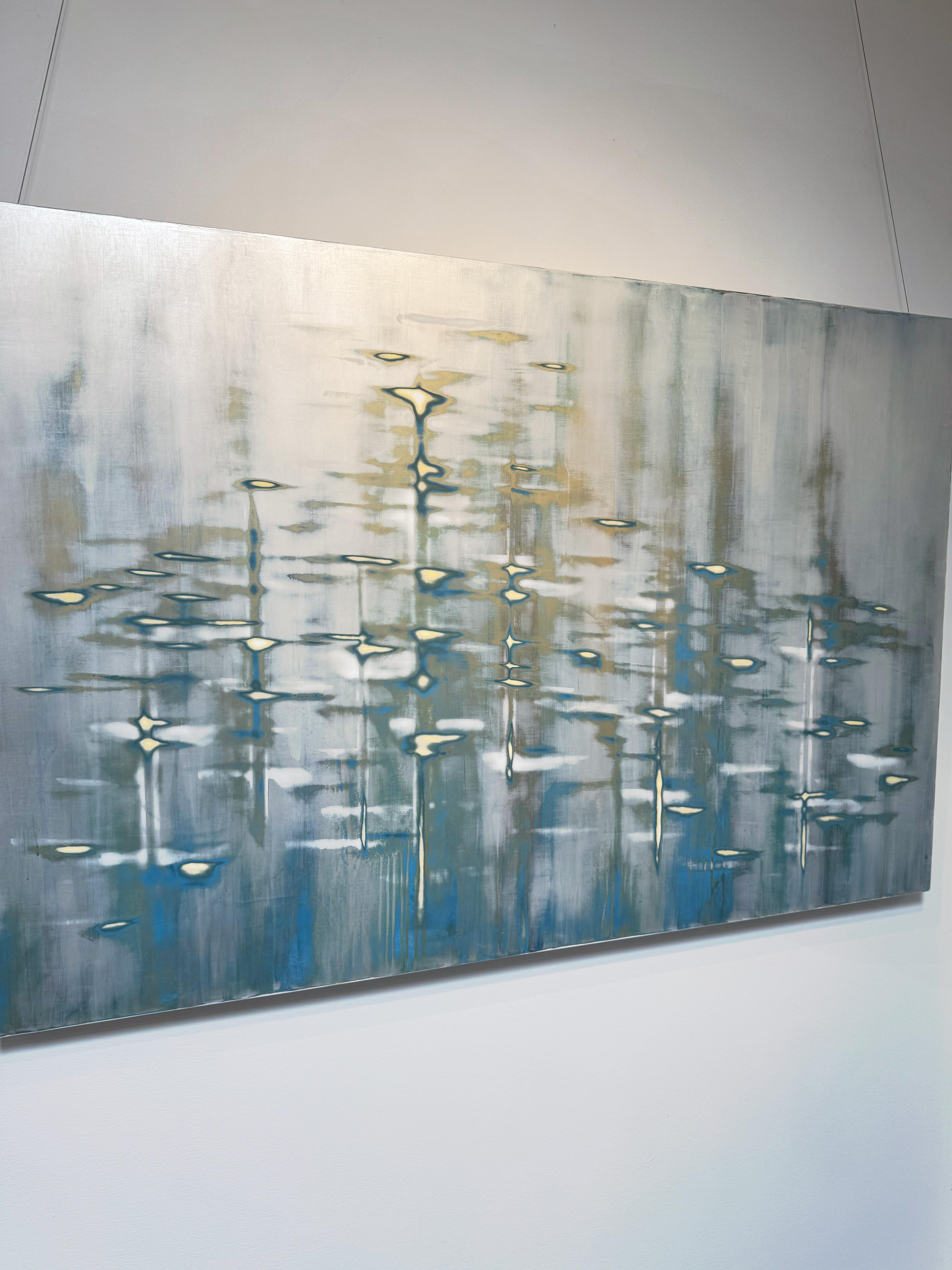 Blue Mixed Media Waterscape with Metallic Pigment_Golden Pearl by Audra Weaser For Sale 4