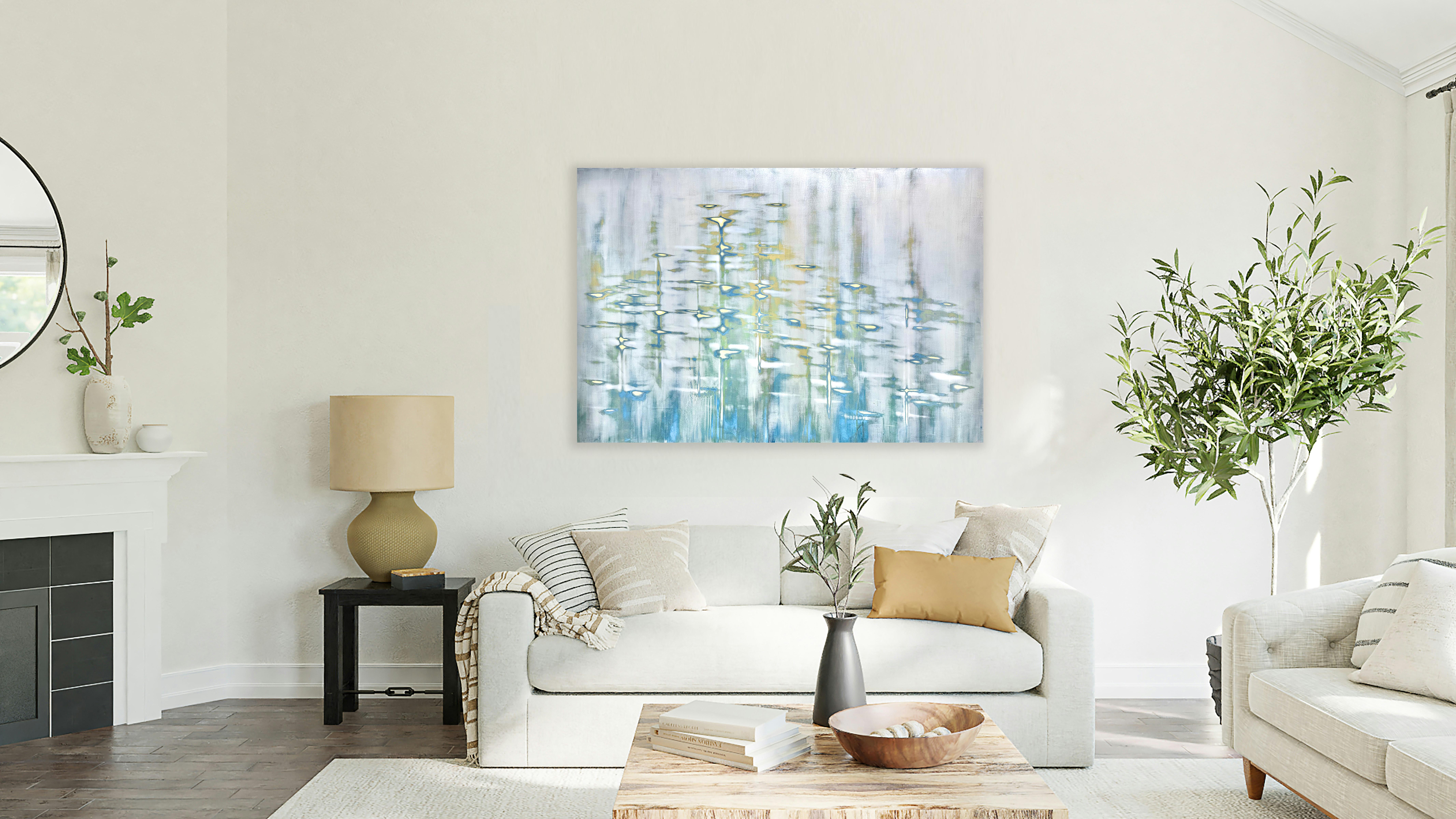 Blue Mixed Media Waterscape with Metallic Pigment_Golden Pearl by Audra Weaser For Sale 8
