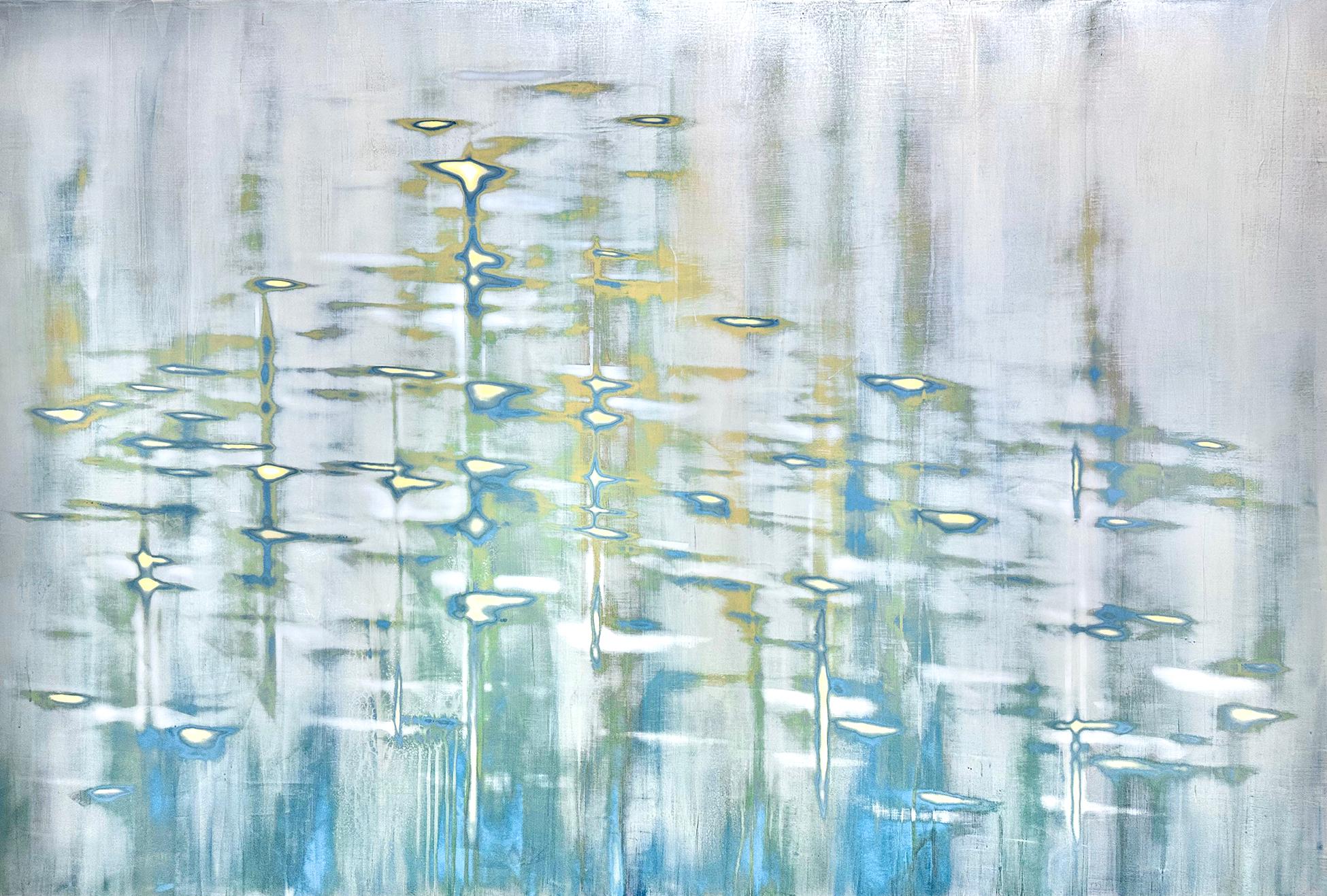 Paisaje acuático azul de técnica mixta con pigmento metálico_perla dorada by Audra Weaser