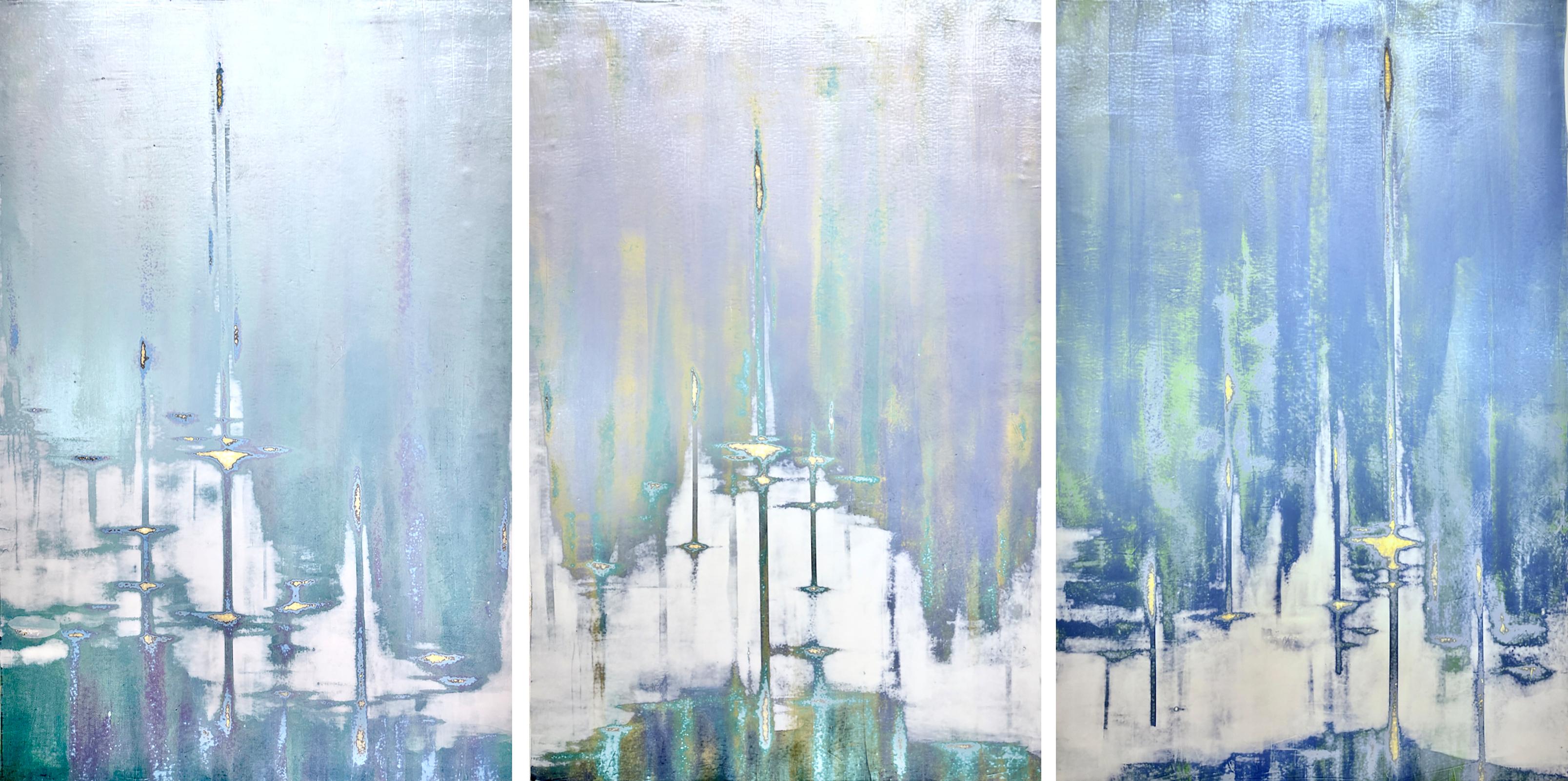 AUDRA WEASER
"Pearl Dives (Triptych)"
Acrylic, Metallic Pigments, Plaster Paint on Canvas
60 x 40 in. Each; 60 x 120 in. Overall
___________________

Utilizing a minimalist color palette, Weaser’s process-based paintings are excavations of memories