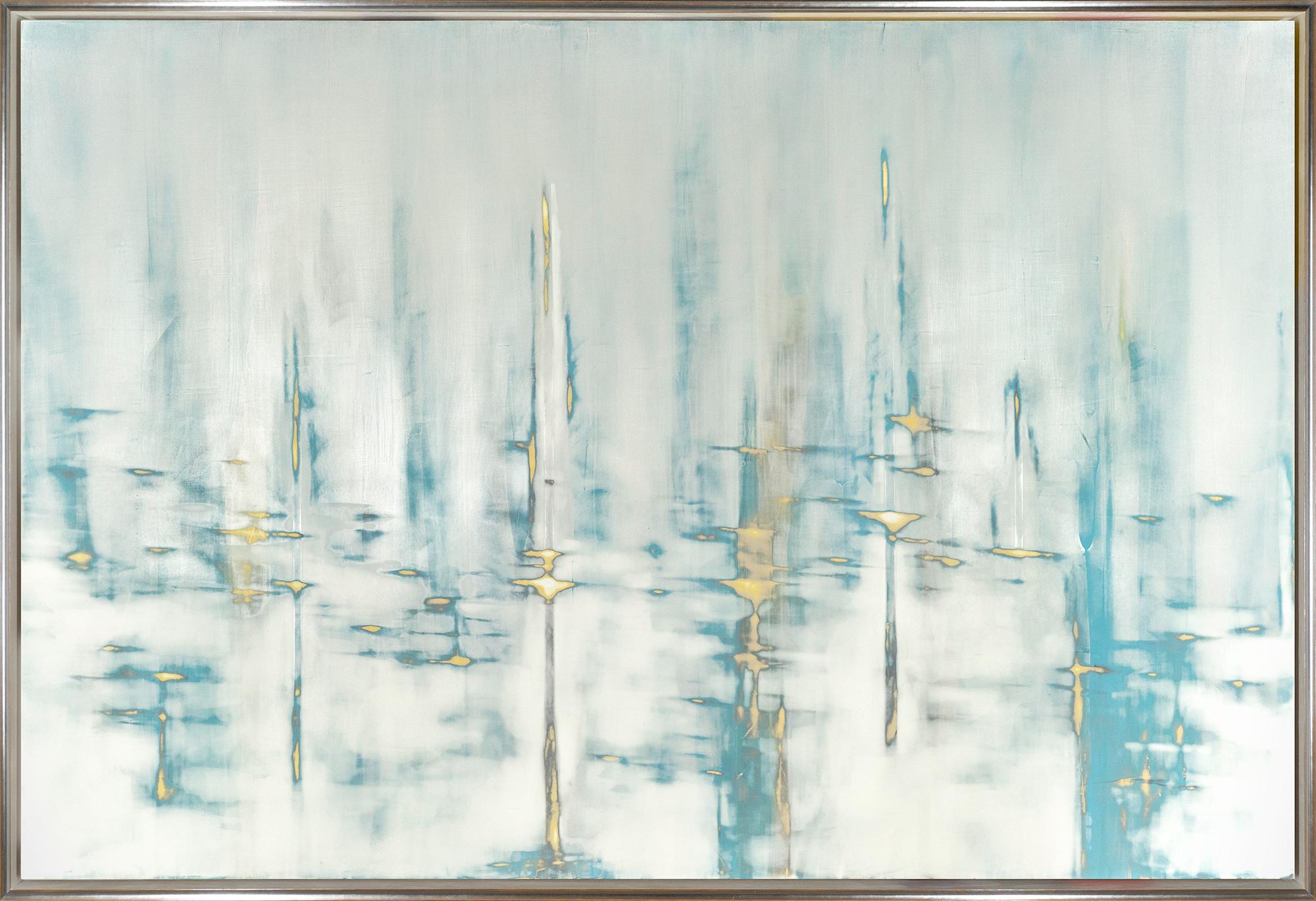 "Cool Waters" Zeitgenössisches abstraktes gerahmtes Gemälde mit gemischten Medien auf Tafel