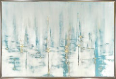 "Cool Waters" Peinture abstraite contemporaine encadrée en techniques mixtes sur panneau