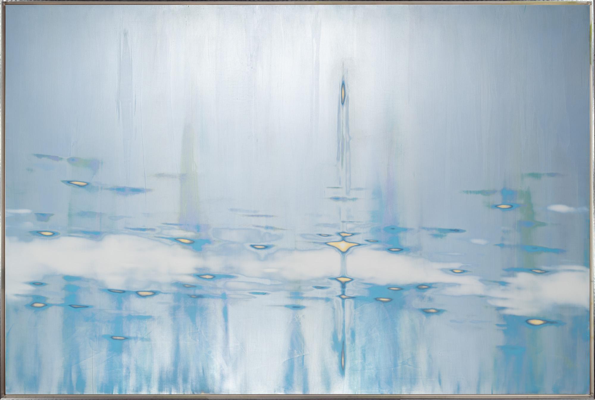 "Ocean View" is a contemporary abstract mixed media work on panel by Audra Weaser, with asymmetric organic shapes in shades of golden yellow and dark blue with a shimmering, clouded background of blue, white, green, and purple. Weaser's reductive