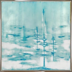"Warm Lagoon" Peinture abstraite contemporaine encadrée en techniques mixtes sur panneau