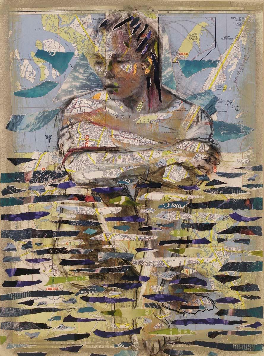 Aquatic, drawing and collage of female figure in water with text, maps, mermaid
