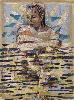 Aquatique, dessin et collage d'une figure féminine dans l'eau avec texte, cartes, sirène