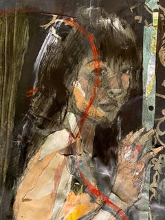 Backstage, charcoal and mixed media collage, female performer, dark psychology